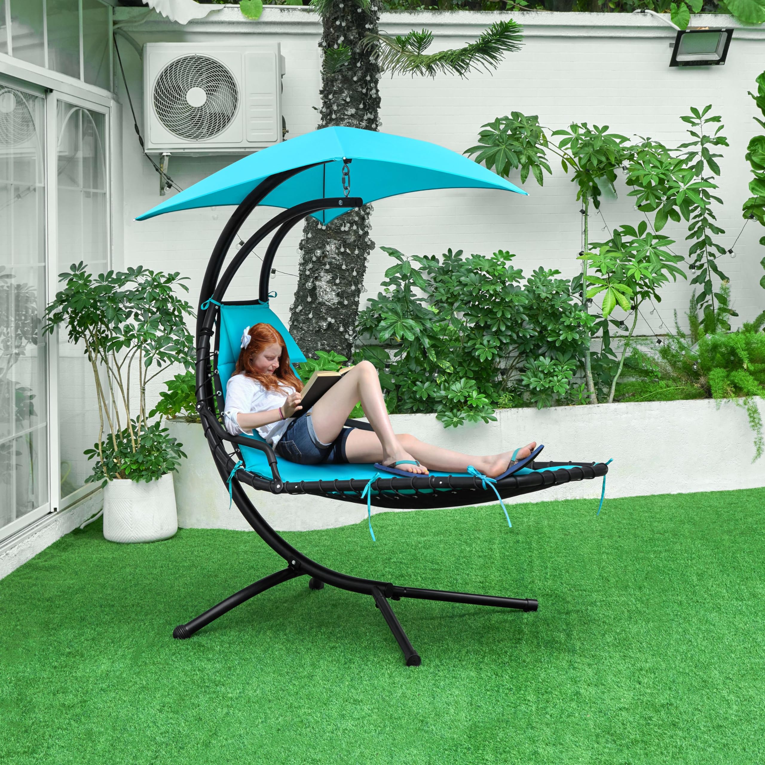 Yaheetech Hanging Lounger with Stand Hammock Chair with Stand Outdoor Patio  Swing, Parasol UV Protection, Ergonomic Shape, Hanging Armchair for