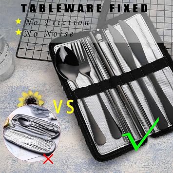 DEVICO Camping Utensils, Stainless Steel Travel Silverware Set with Case | 9Pcs Portable Cutlery Set, Reusable Flatware adult, Steak knife, Boba Straw, Fork and Spoon Set for Lunch box, Work (Black)