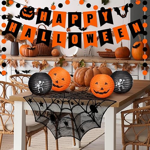 Miniatura 3 de Juego de decoraciones de Halloween para interiores, faroles de papel y abanicos, bufanda de chimenea de chimenea, alfombra de telaraña, bandera, 60