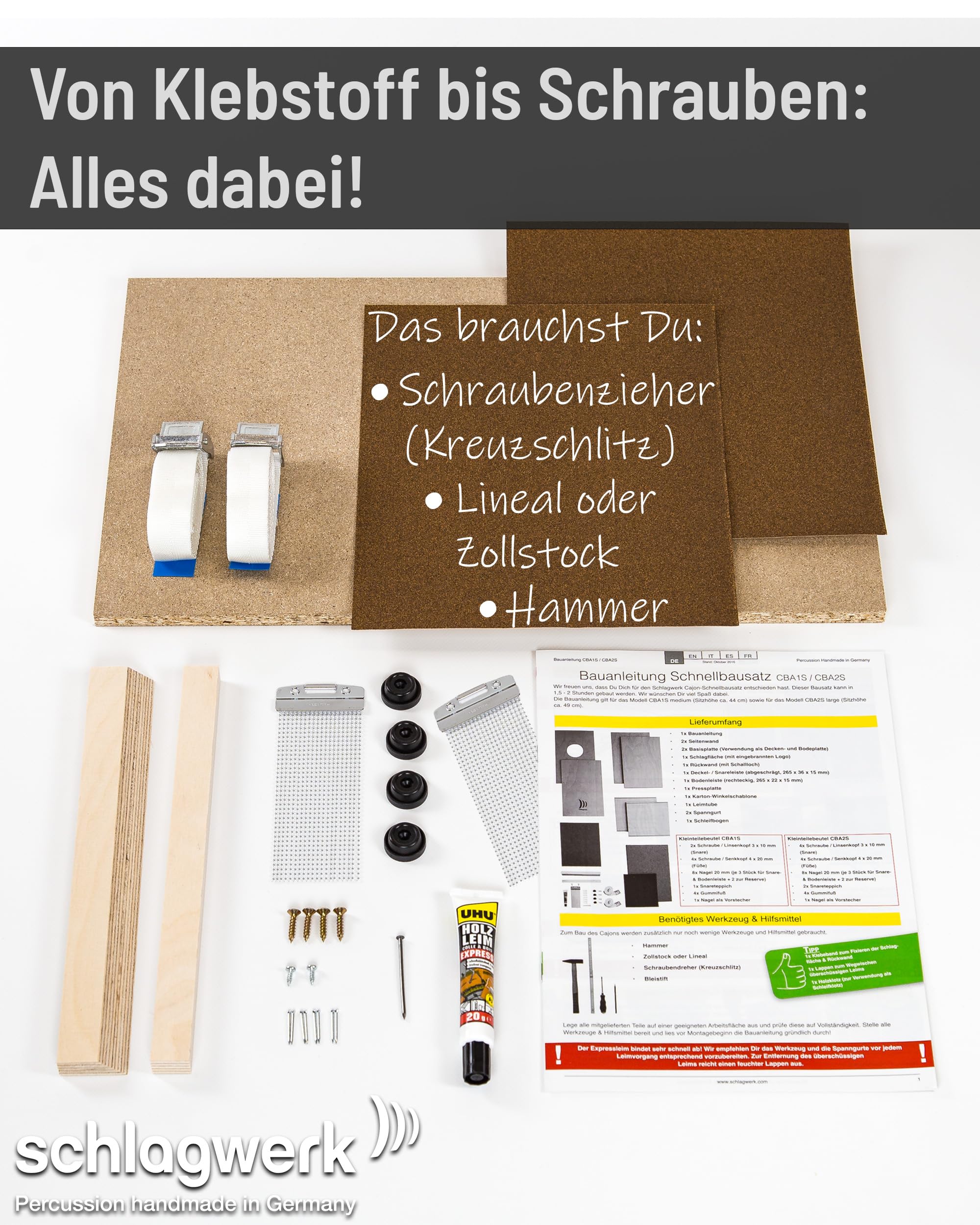 Schlagwerk CBA30SW Cajon Pro Large Bausatz - dunkles Holz,Wenge, Birke - 50 x 30 x 30 cm - mit 2x 20 Snare Teppichen, Komplett inkl Spanngute und Leim - Cajon selbst bauen