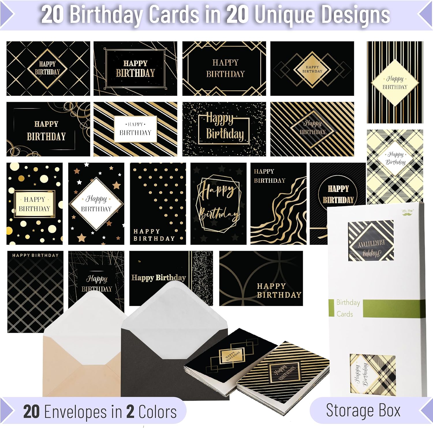 Mr. Pen- Birthday Cards with Envelopes, 20 Pack, 4" x 6", Black with Gold Foil, Blank Inside, Greeting Cards Birthday - Image 2
