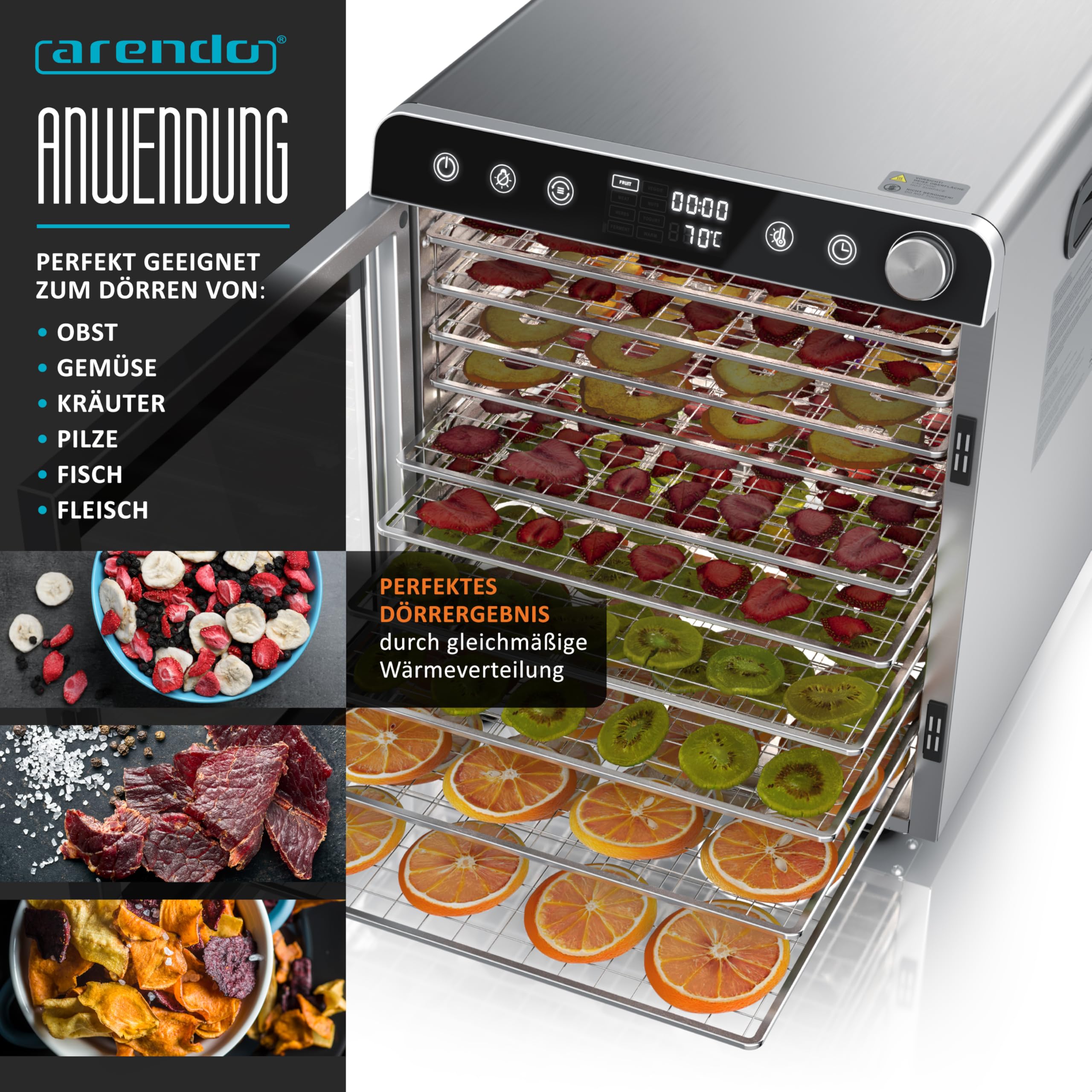 Arendo - Dörrautomat Edelstahl mit 10 Edelstahlgitter - 8400 cm² - Dörrgerät Dehydrator Obsttrockner Dörrapparat - Obst Fleisch Pilze uvm