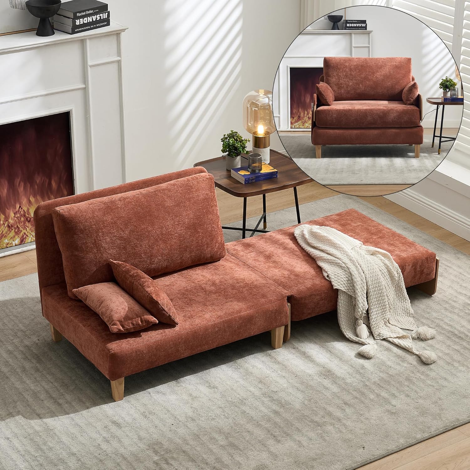 Mid-Century Modern Accent Chair, 2-in-1 Foldable Sofa Couch Convertible Sleeper Bed, Extra Wide Upholstered Armchair with 3 Pillows & Side Pocket for Living Room Bedroom (Orange)
