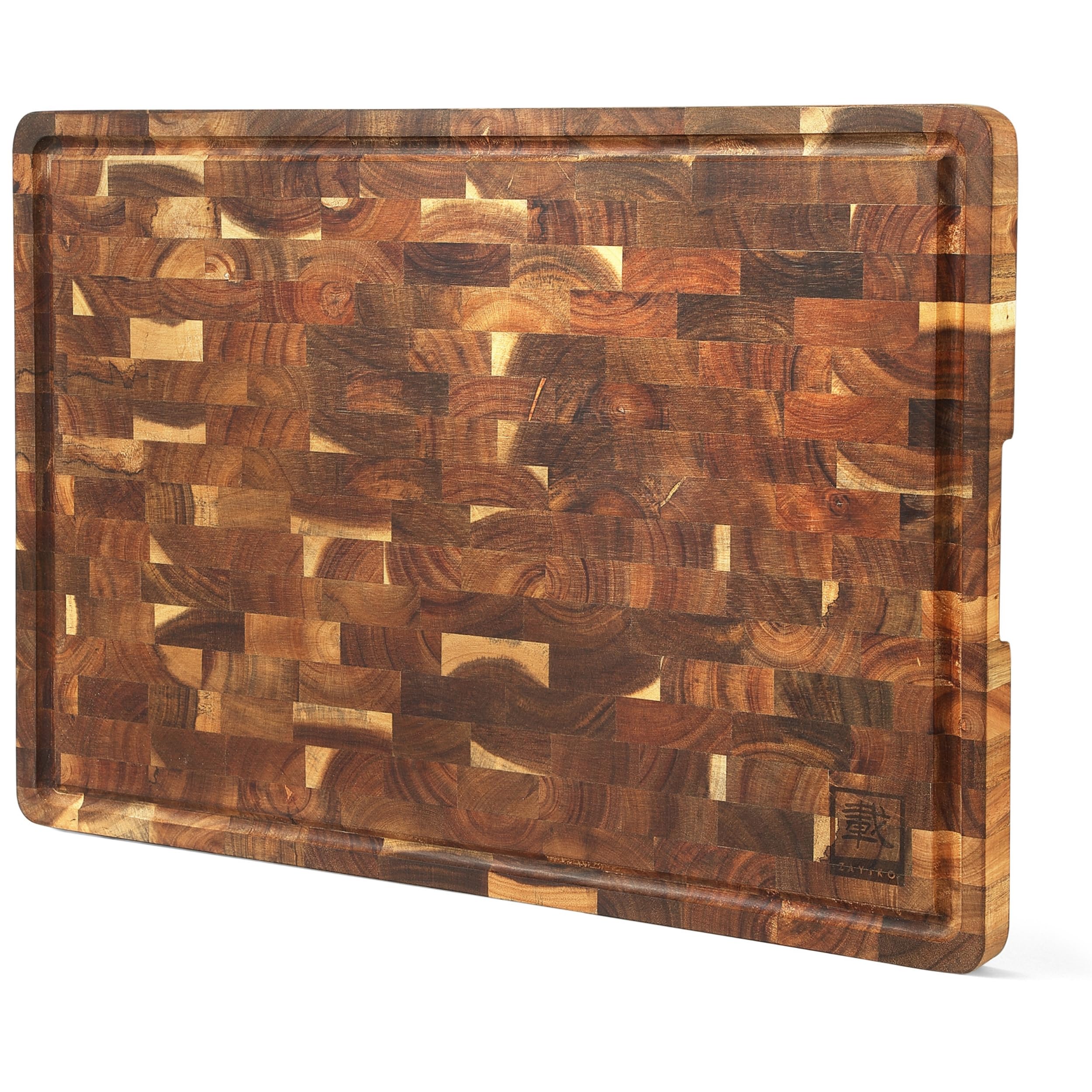 OLEIO Stirnholz Schneidebrett Holz aus Akazie, 53x38x3cm – Holzbrett Küche | Massives Holzschneidebrett aus Hirnholz mit Saftrille, Silikonfüßen & Griffmulden – zum Schneiden, Tranchieren & Servieren