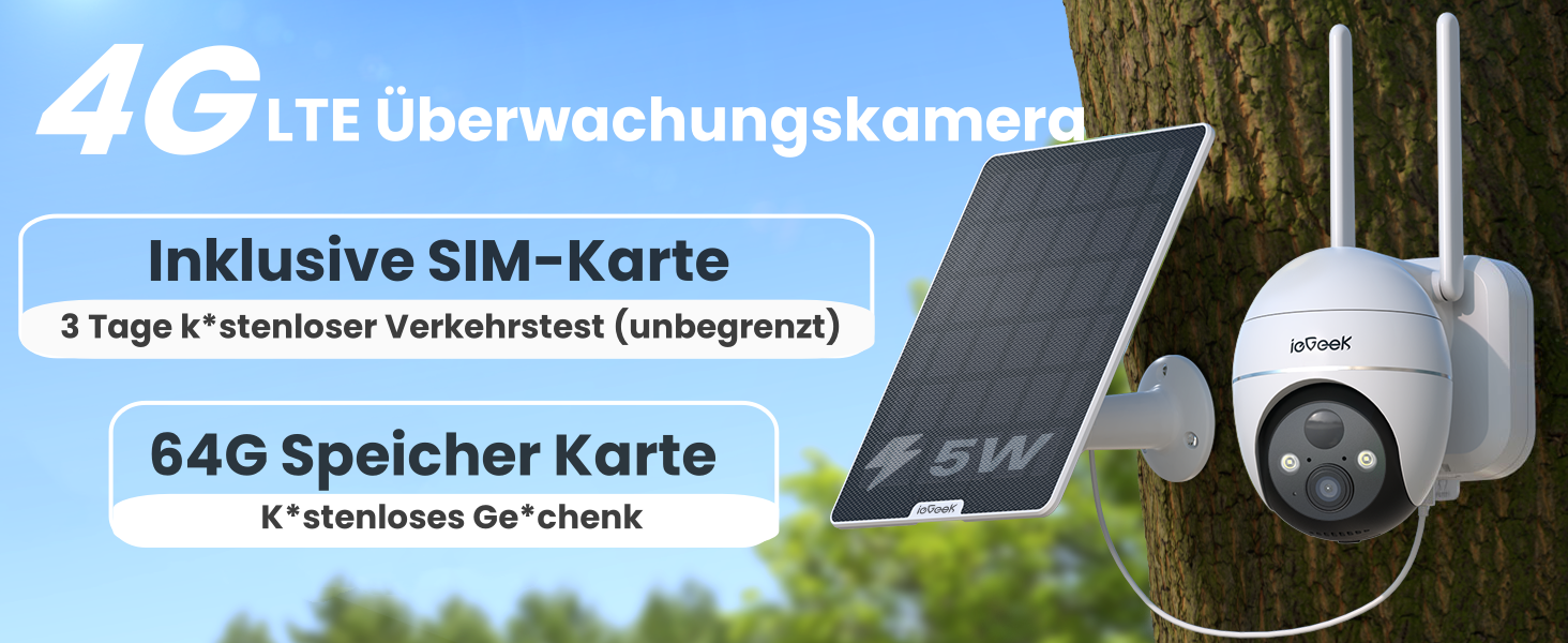 IeGeek 4G LTE Bewakingscamera – Met Simkaart, 64GB, PTZ, 10000mAh Accu, PIR, IP66, 2K, Zonne-energie