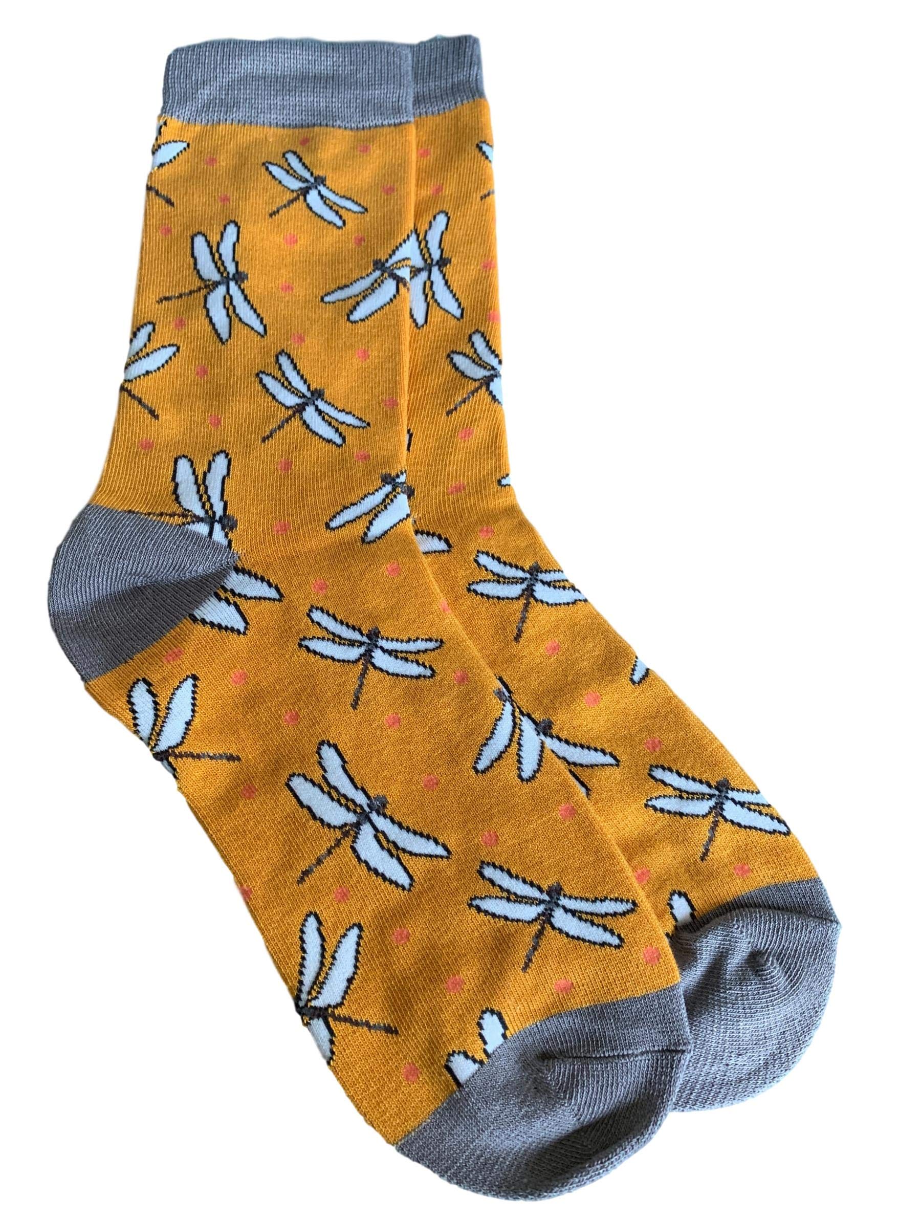 Purple Possum® Dragonfly Socks Ladies Bamboo Cotton Blend Dragonflies Sock Shoe Size 4 to 7 (Mustard Yellow)