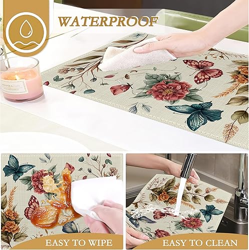 Miniatura 4 de Juego de 6 manteles individuales vintage con diseño de mariposas y flores, 12 x 18 pulgadas, impermeables, resistentes a las manchas, para verano,