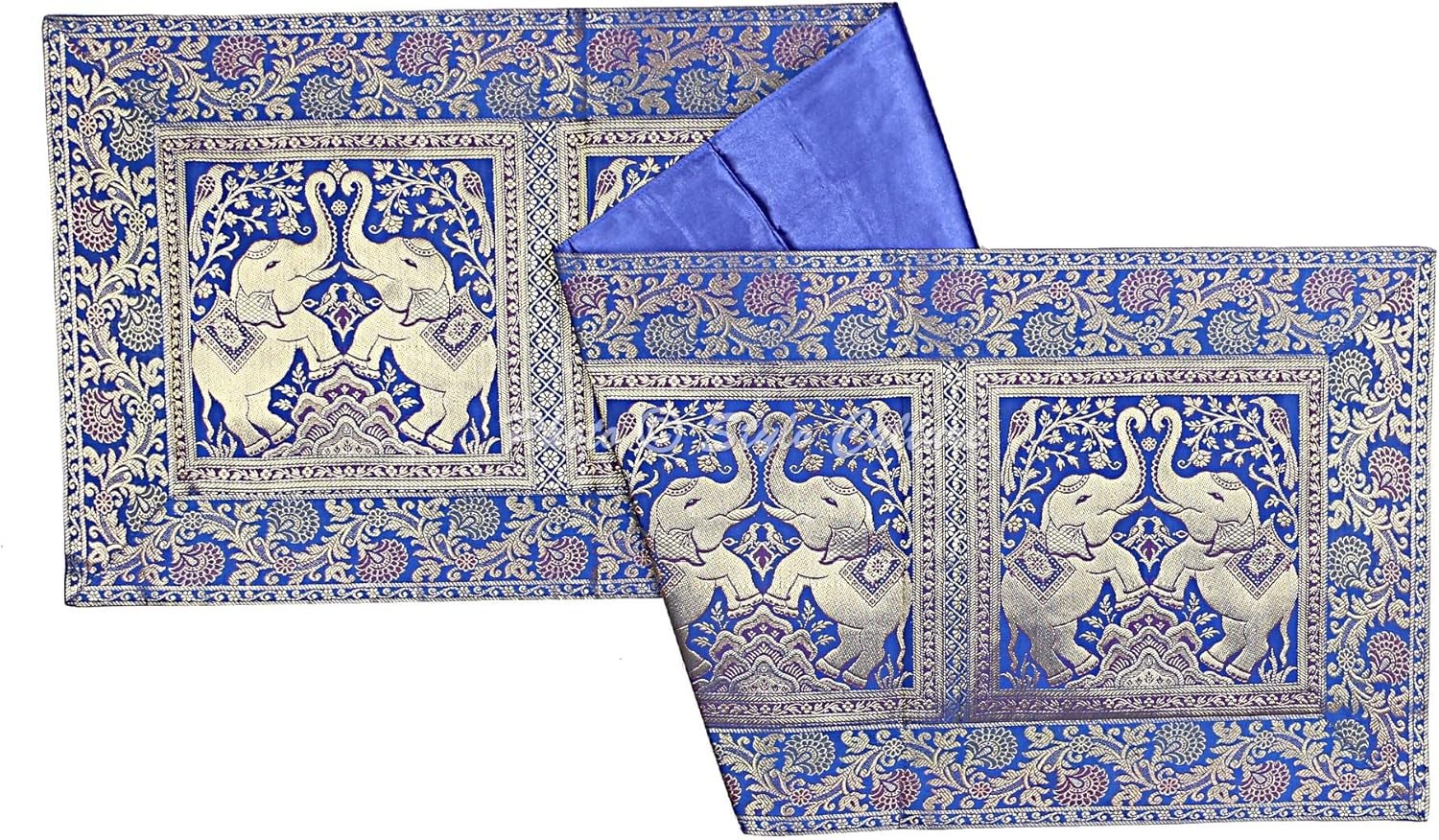 Brocade Jacquard Dining Table Runner Dark Blue Rectangular Bohemian Indian Home Decor Elephant Floral Ethnic Coffee Table Cloth | 60x16 Inches (152 x 40 cm)
