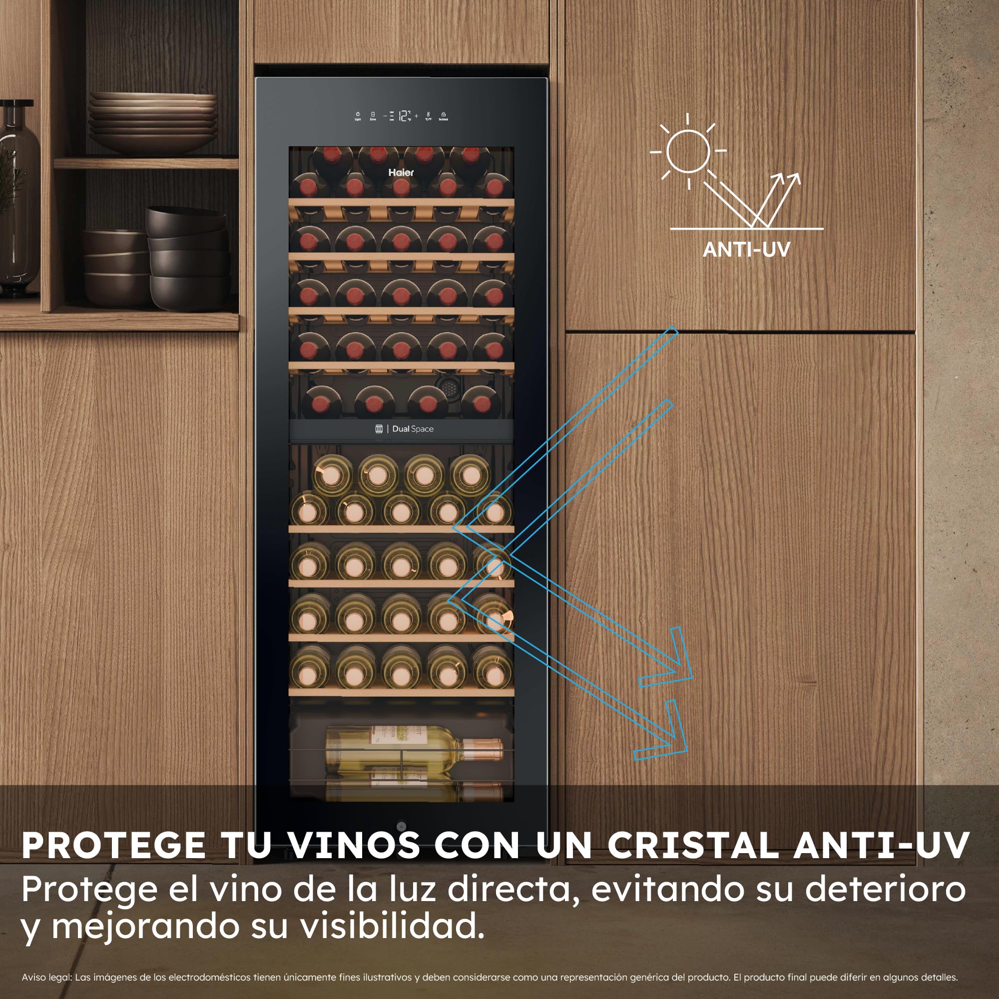Haier Wine Bank 50 Series 5 HWS56GDG Vinoteca de 56 botellas, 2 Zonas independientes, Estantes de madera, Filtro Anti-UV, Sistema Antivibración, Display Digital, Iluminación LED, 37 dbA, Negra — view 7