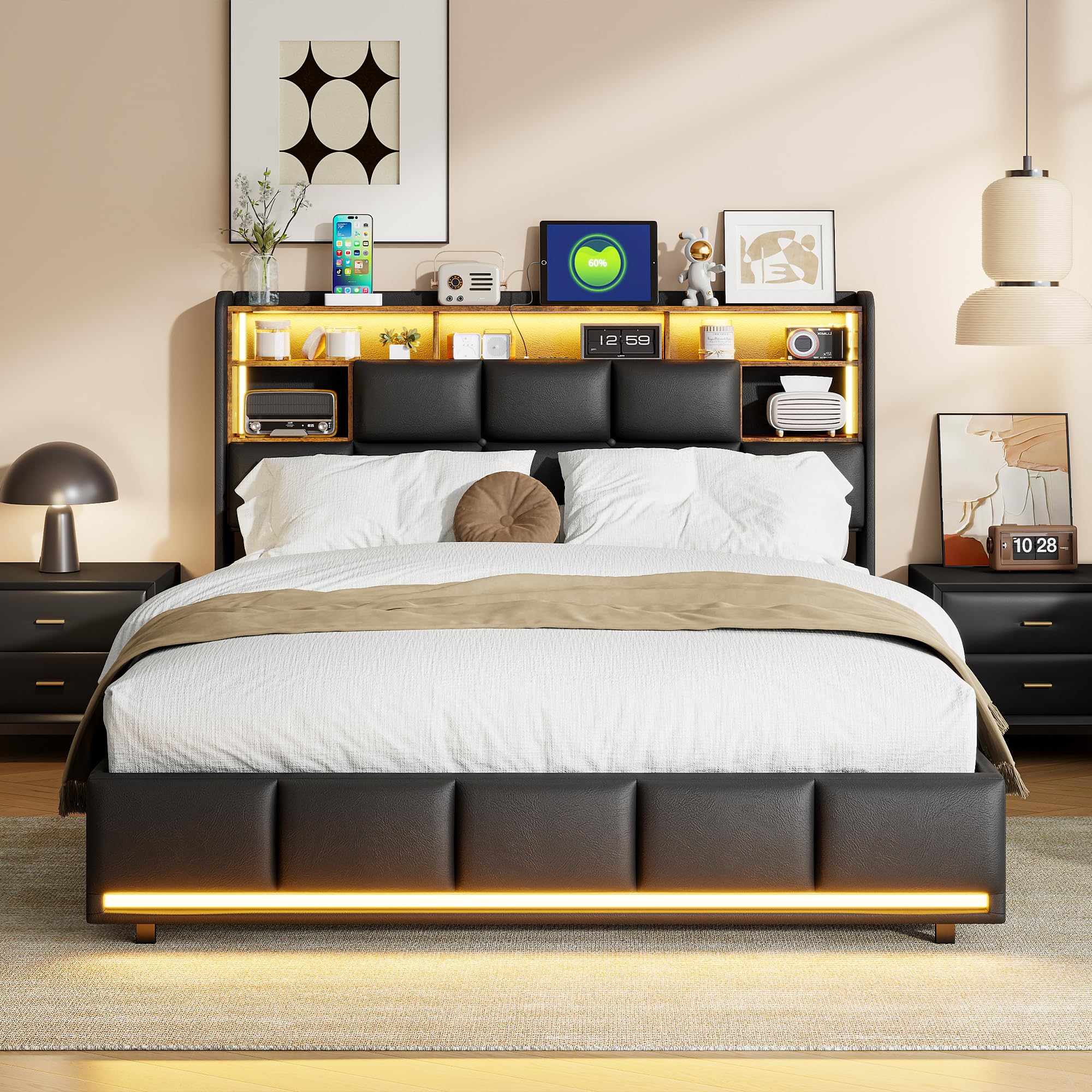 MOTUZP Letto Matrimoniale 160x200 Cm Con LED, USB E Contenitore – Struttura Imbottita