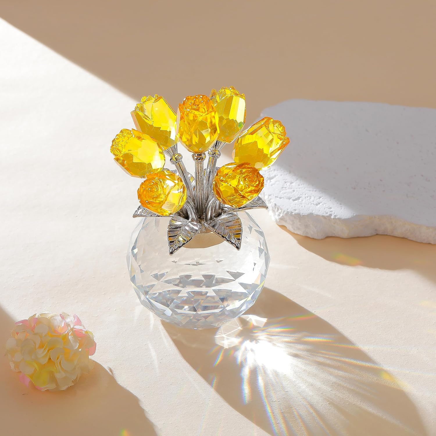 Yellow Rose Flower Crystal Figurine with Vase, Bouquet Flowers Ornament Gifts for Wife Girlfriend Women , Handmade Crystal Flower Collectible Home Table Decor ​for Valentine's Day Wedding Anniversary