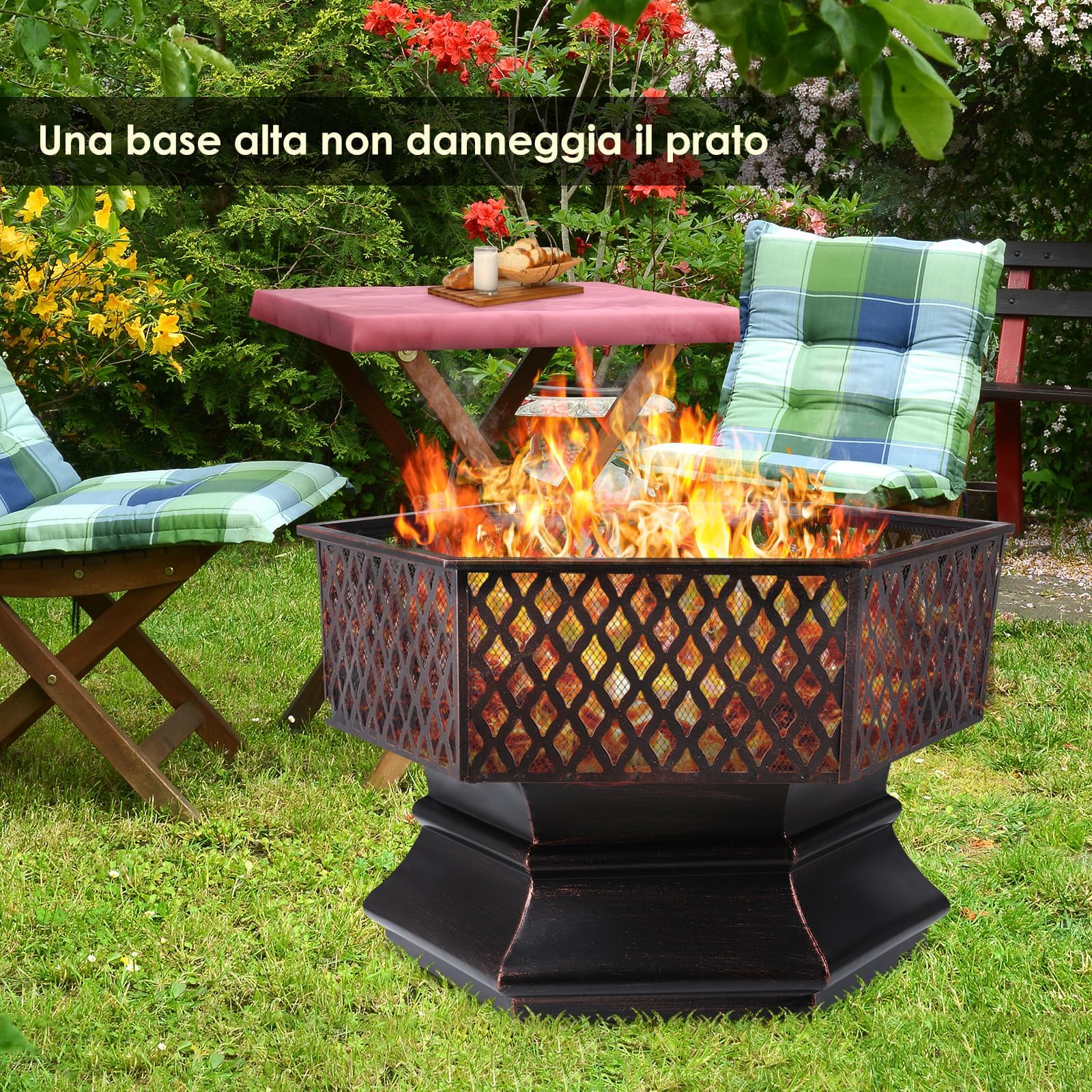 TLSUNNY Braciere da Esterno con Griglia, Braciere da Giardino, 66x66x63 cm | Braciere in Metallo con Parascintille, Griglia a Carbone e Attizzatoio, per Terrazza da Campeggio, Riscaldamento, Campeggio