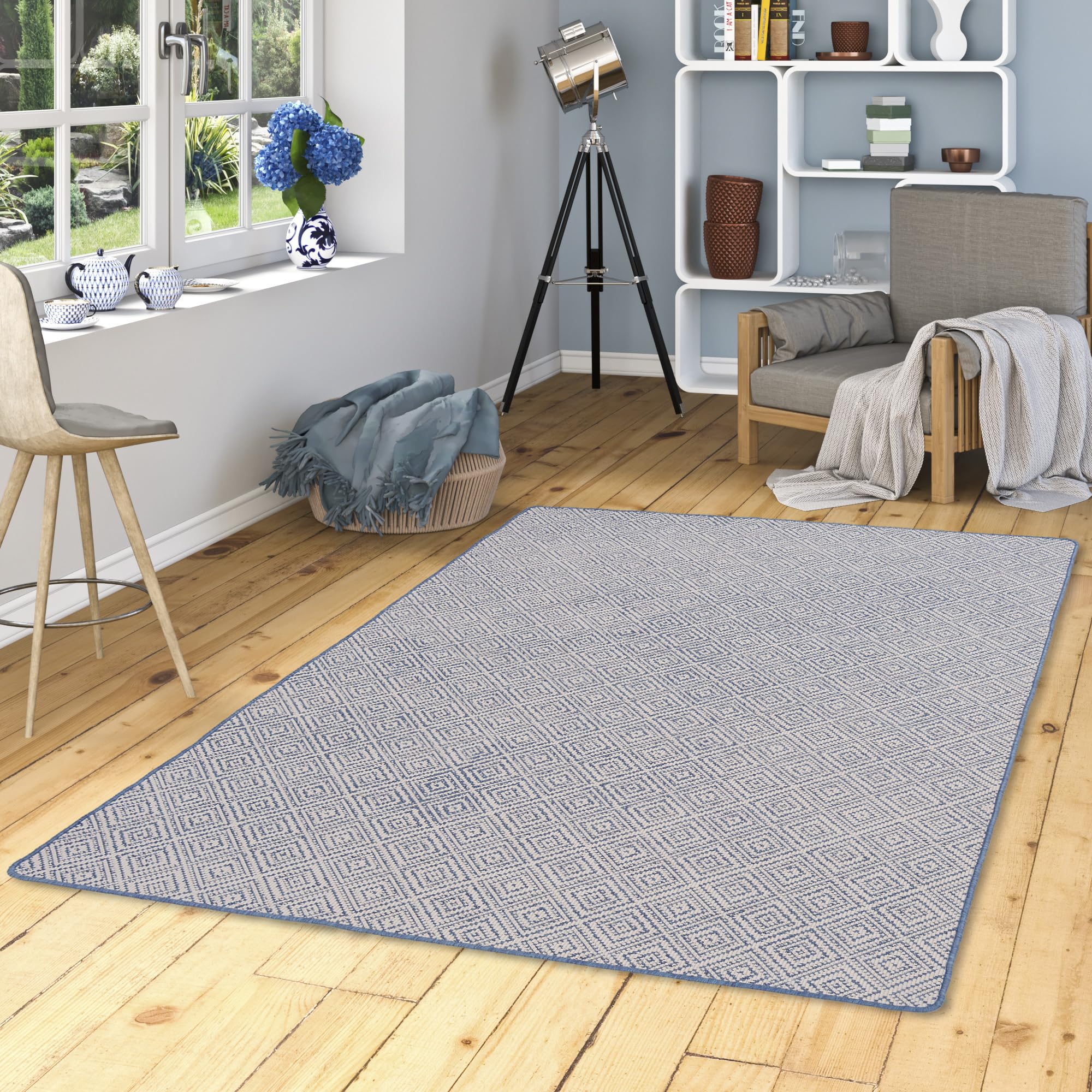 Snapstyle Newport In- & Outdoor Teppich Blau Vintage - Wetterfest & UV-beständig - Beidseitig nutzbar, Pflegeleicht - Balkon, Terrasse, Garten & Innenbereich - In vielen Größen erhältlich