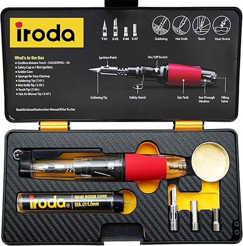 IRODA SolderPro Kit de soldador de butano original 50K 4 en 1 inalámbrico 30-70 W grado profesional | 18s herramienta de calor multifunción con