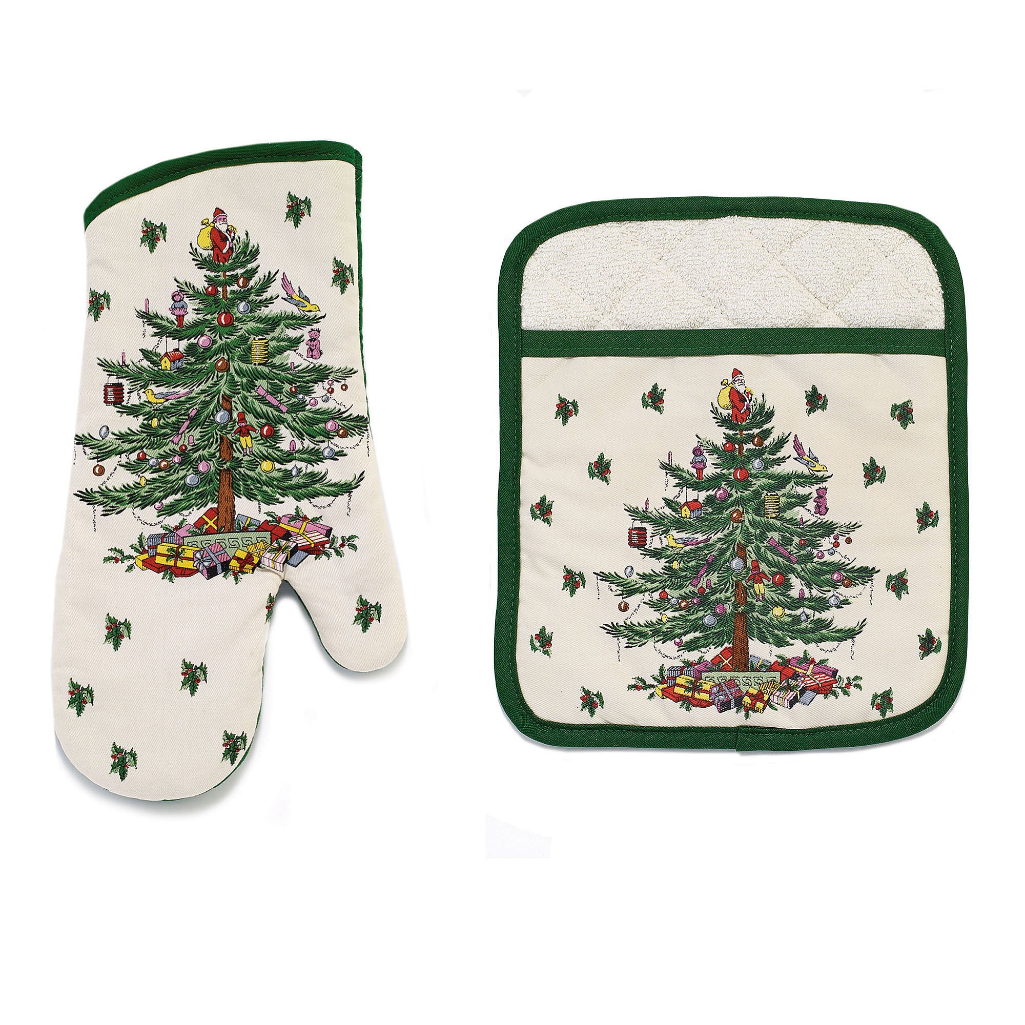 Spode - 2pc Kitchen Set, Matching Oven Mitt & Pot Holder, Holiday Home Decor (Spode Christmas Tree Collection)