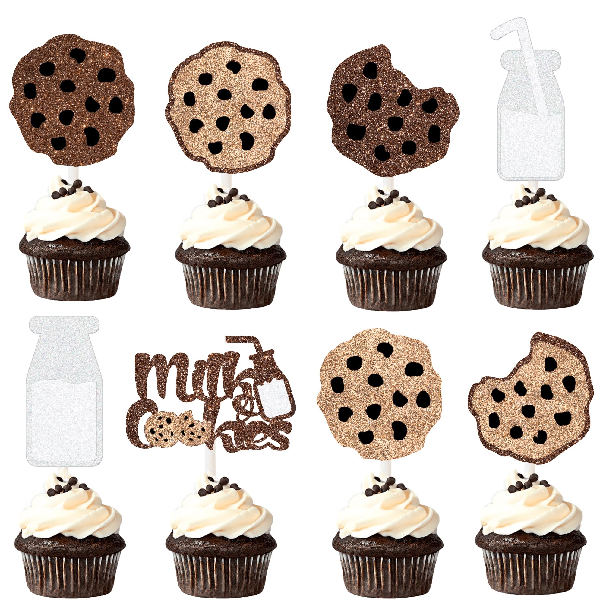 Milk and Cookies Party Cupcake Toppers Glitter Milk Cookies Birthday Cake Decorations Chocolate Cookies Party Supplies Cookies Cupcake Picks for Sweet