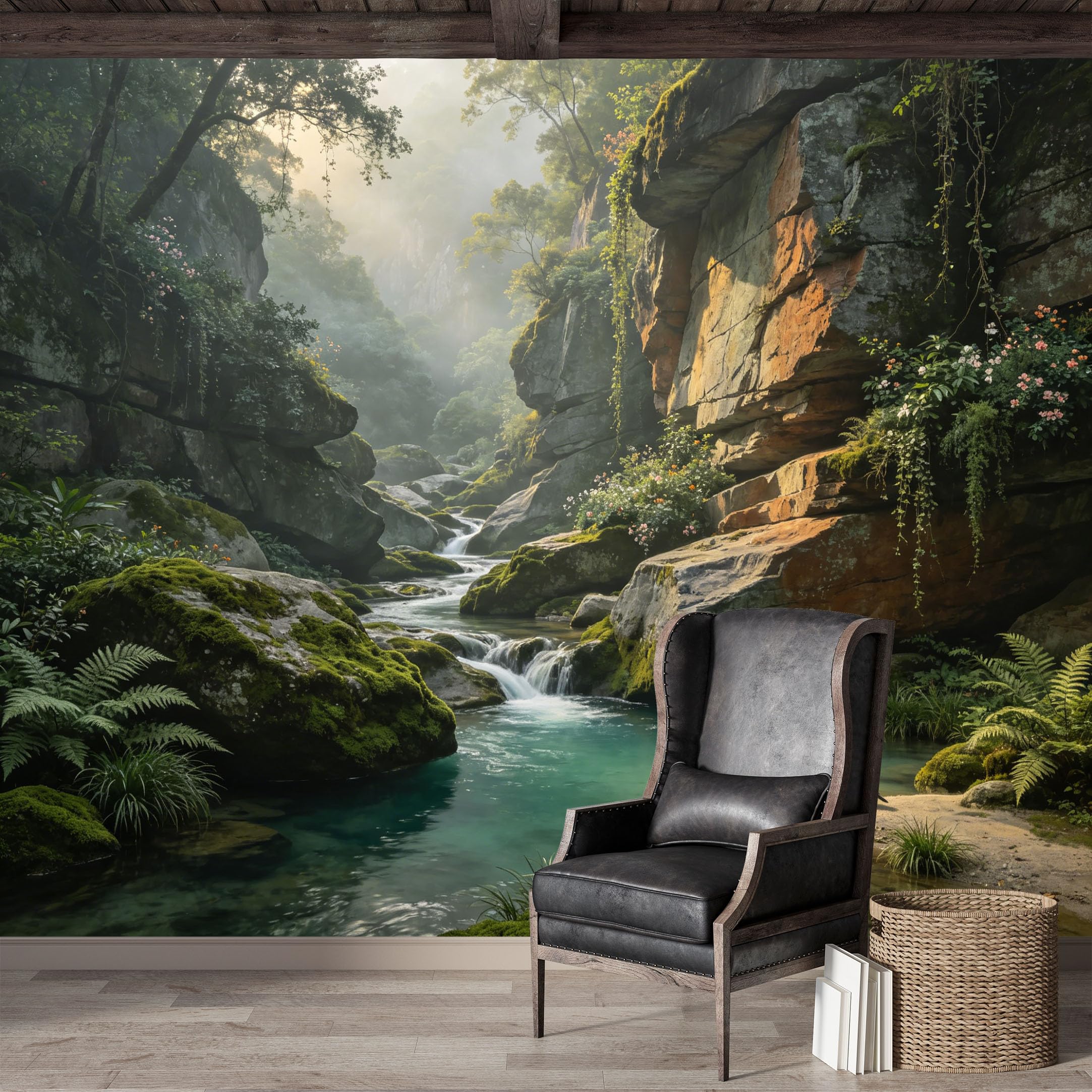 Custom Size Wall Mural,Misty Forest Waterfall Landscape Watercolor Premium Water Activated SelfAdhesive Wallpaper,Removable Wall Covering,Easy DIY Install Wall Art for Indoor Home Decor