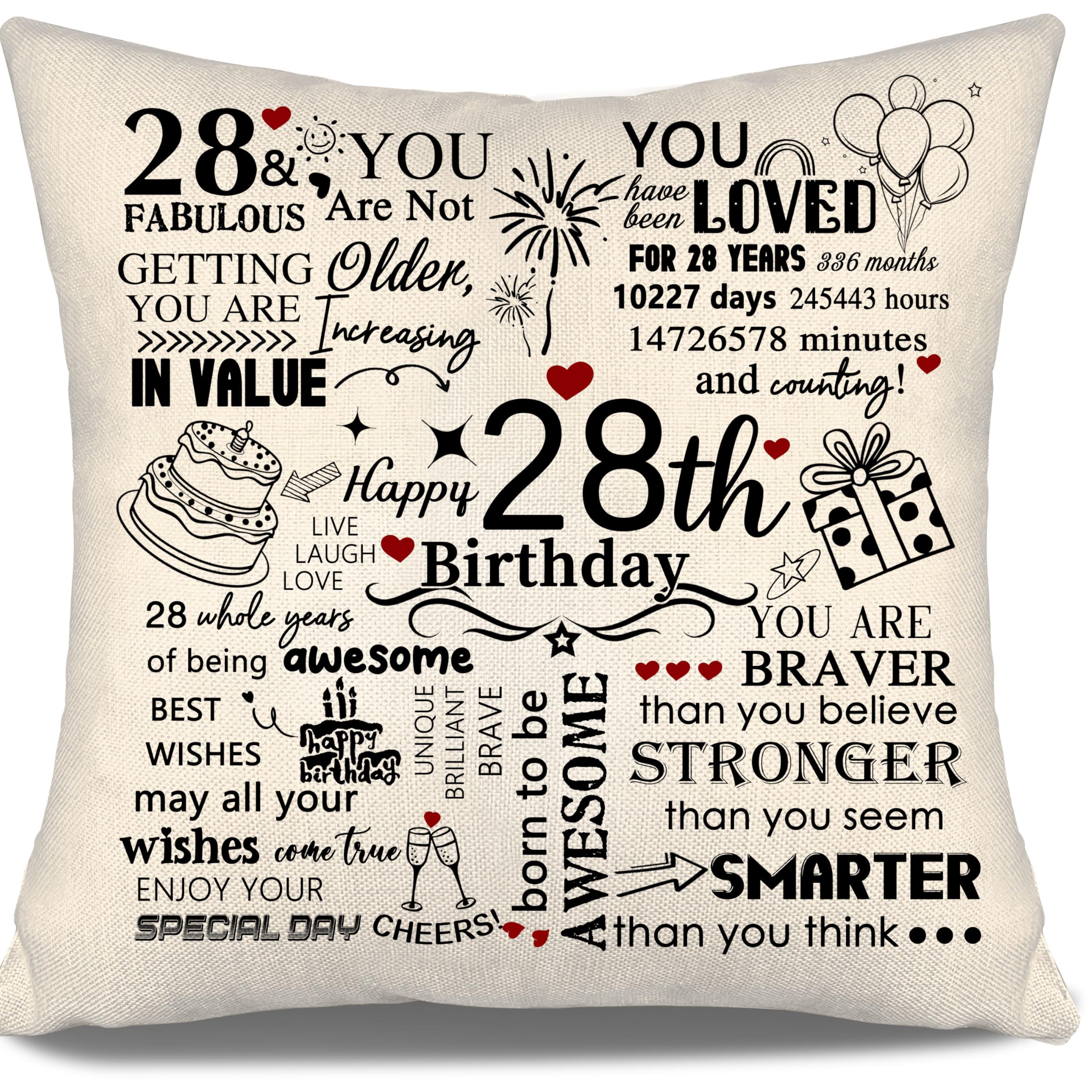28th Birthday Gift Cushion Cover for Daughter Son Cousin Friend Aunt Niece Colleague Girlfriend Boyfriend Wife Husband 28 Years Old Women Men Gift Inspirational Cushion Cover Happy Birthday Gift (28)