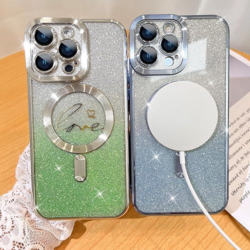 Vista 38 de Fiyart - Funda transparente magnética con purpurina para iPhone 12 para mujeres, con grabado "Love" metálico, protección para cámara y antigolpes