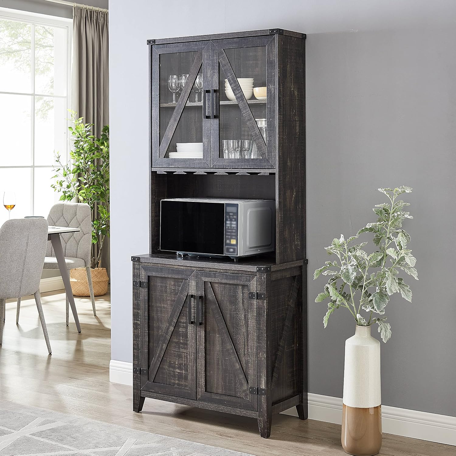 Home Source Bar Cabinet with Upper Glass Cabinet in Charocal Finish