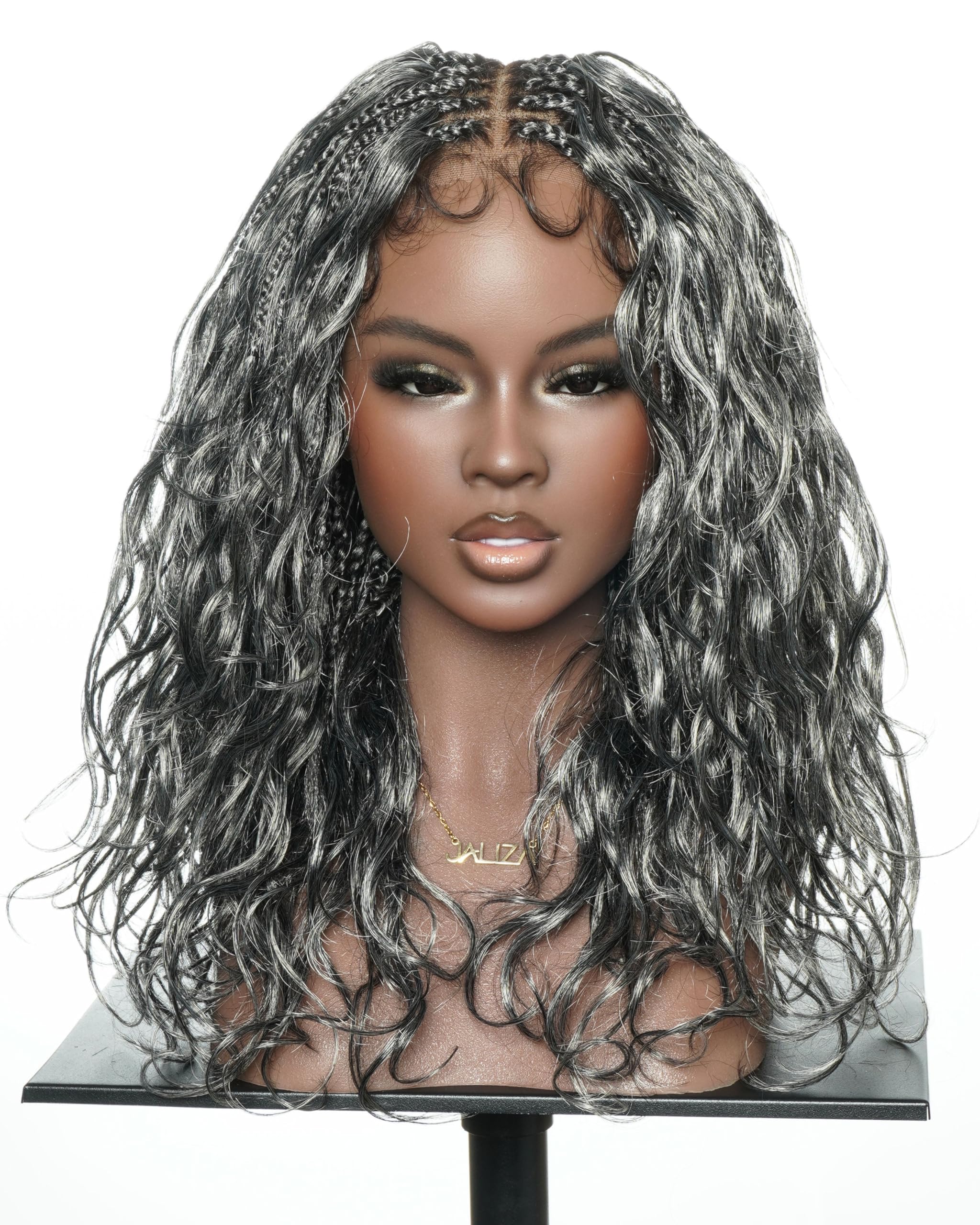 JALIZA Michelle 18 Inch Slip-On™ Salt & Pepper Body Wave Boho Box Braided Wig, Pre Bleached Swiss HD Full Stretchable Lace, 123 Strands, Glueless Easy Wear Wig