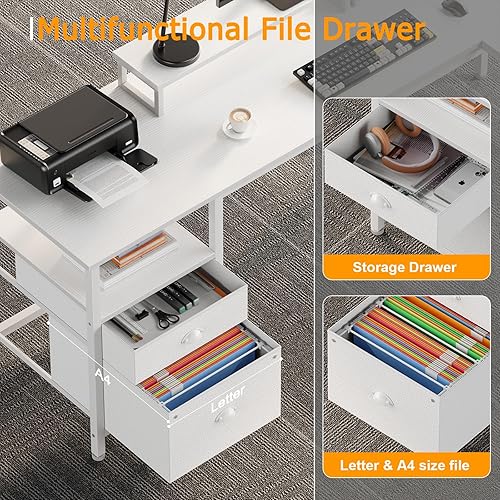 Miniatura 7 de Furologee Escritorio blanco en forma de L de 59 pulgadas con toma de corriente, escritorio reversible para computadora con cajón de archivos y 2