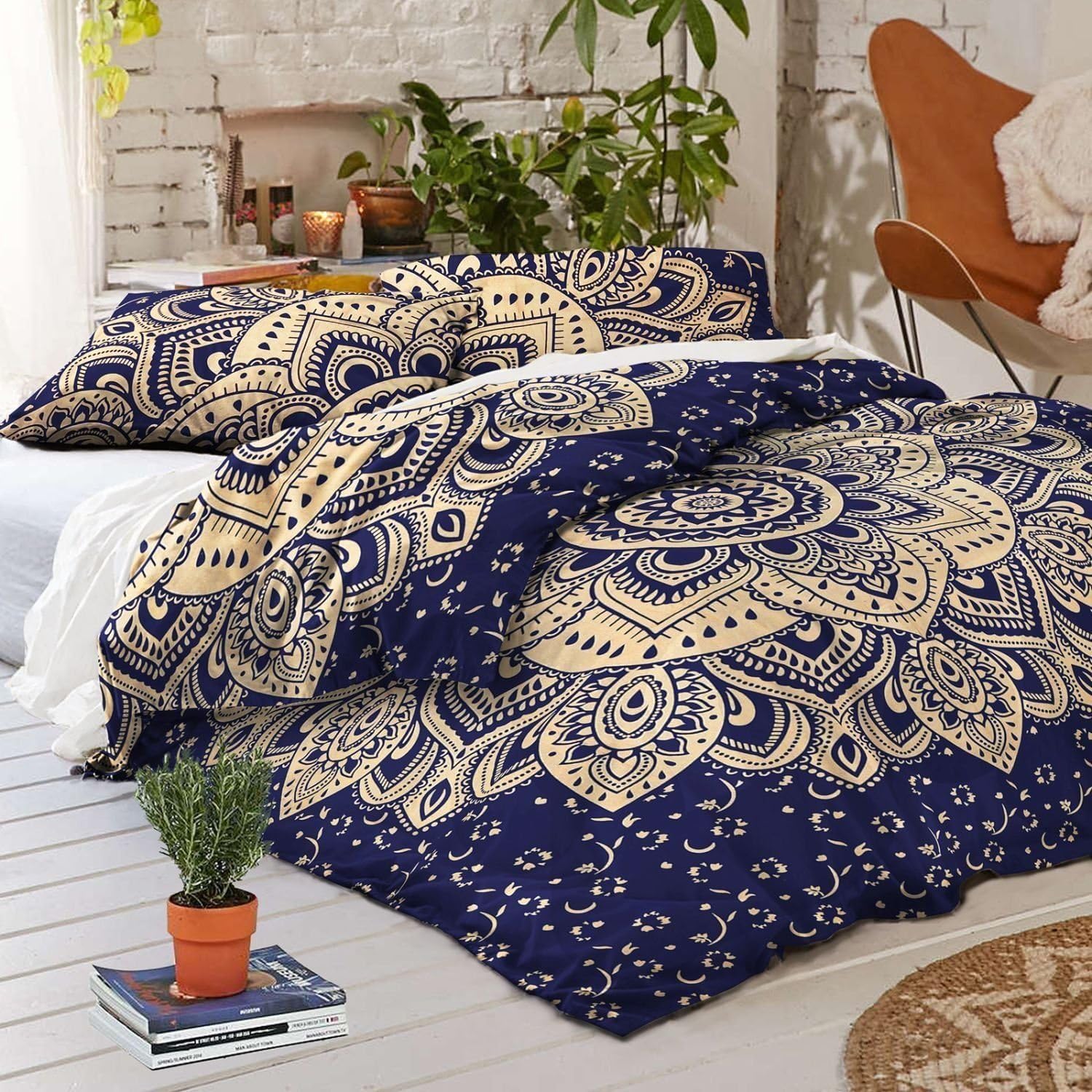 Indian 100%Exclusive Queen Size Bohemain Mandala DuvetCover with Pillowcases, Indian Donna Cover Set Boho Duvet Cover. Bohemian Bedspread with magazineholder LetterHolder WallHanging (Blue Gold Floor)