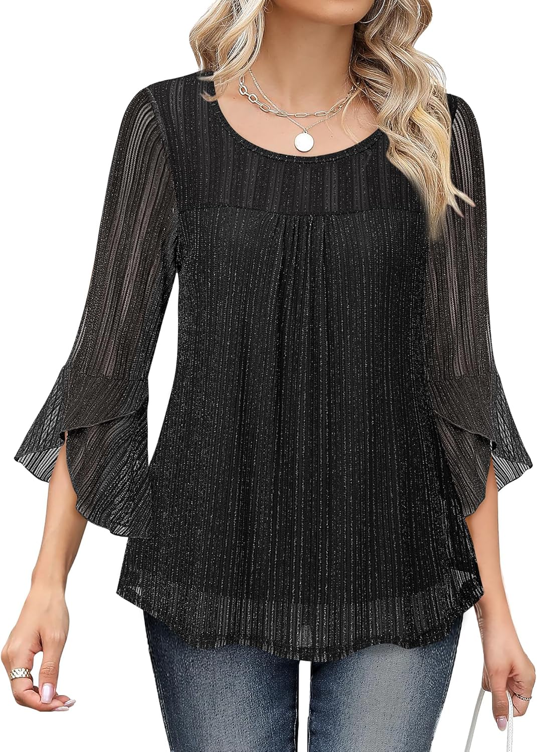 Bebonnie Women's Ruffle 3/4 Sleeve Elegant Dressy Blouses Crew Neck Double Layers Mesh Tunic Tops