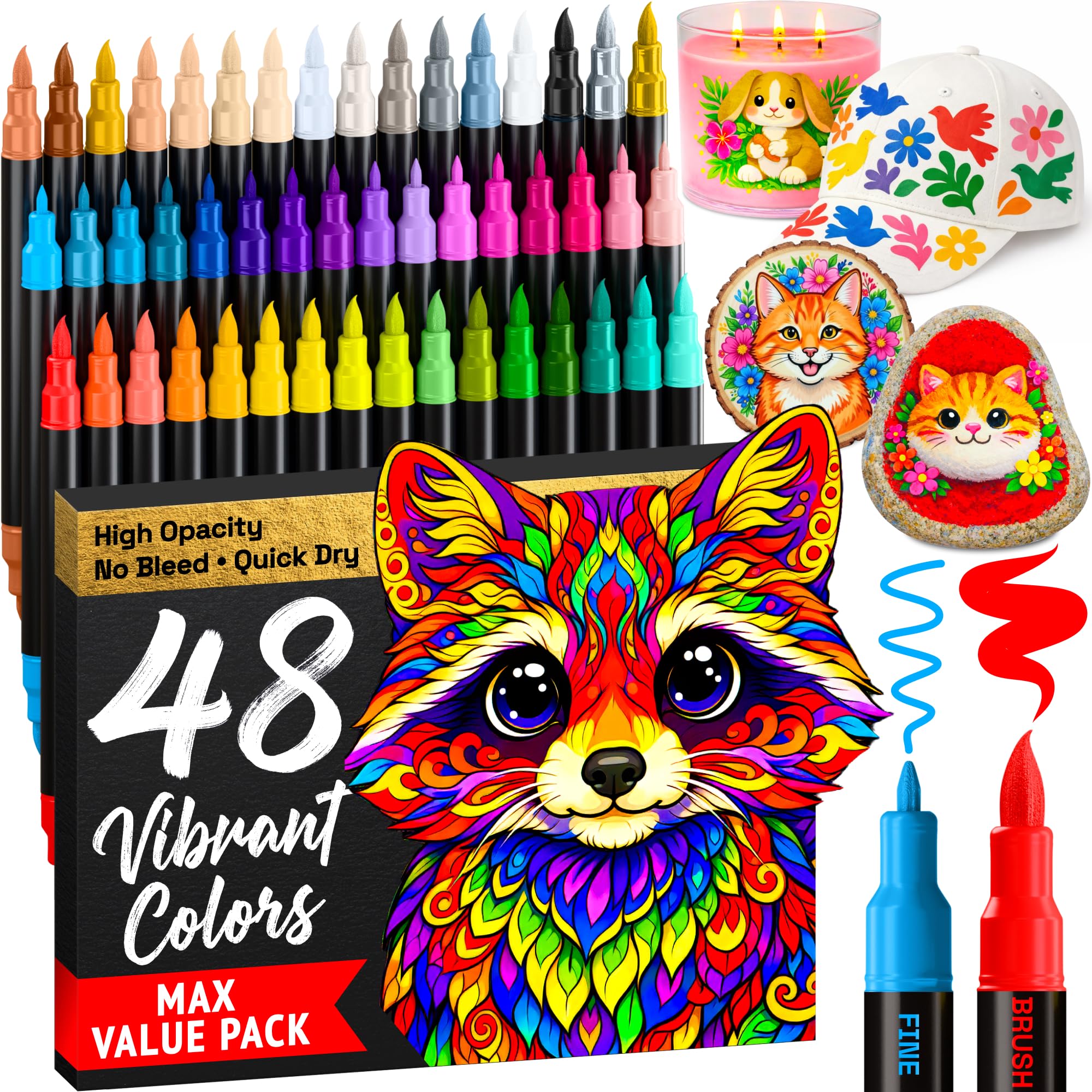 Artistro Acrylic Paint Pens, Art Set, Acrylic Paint Markers with Double Tips, Acrylic Markers for Fabric, Canvas, Stone, Glass, Wood, Paper, DIY (Double Tips + Fine, 48)
