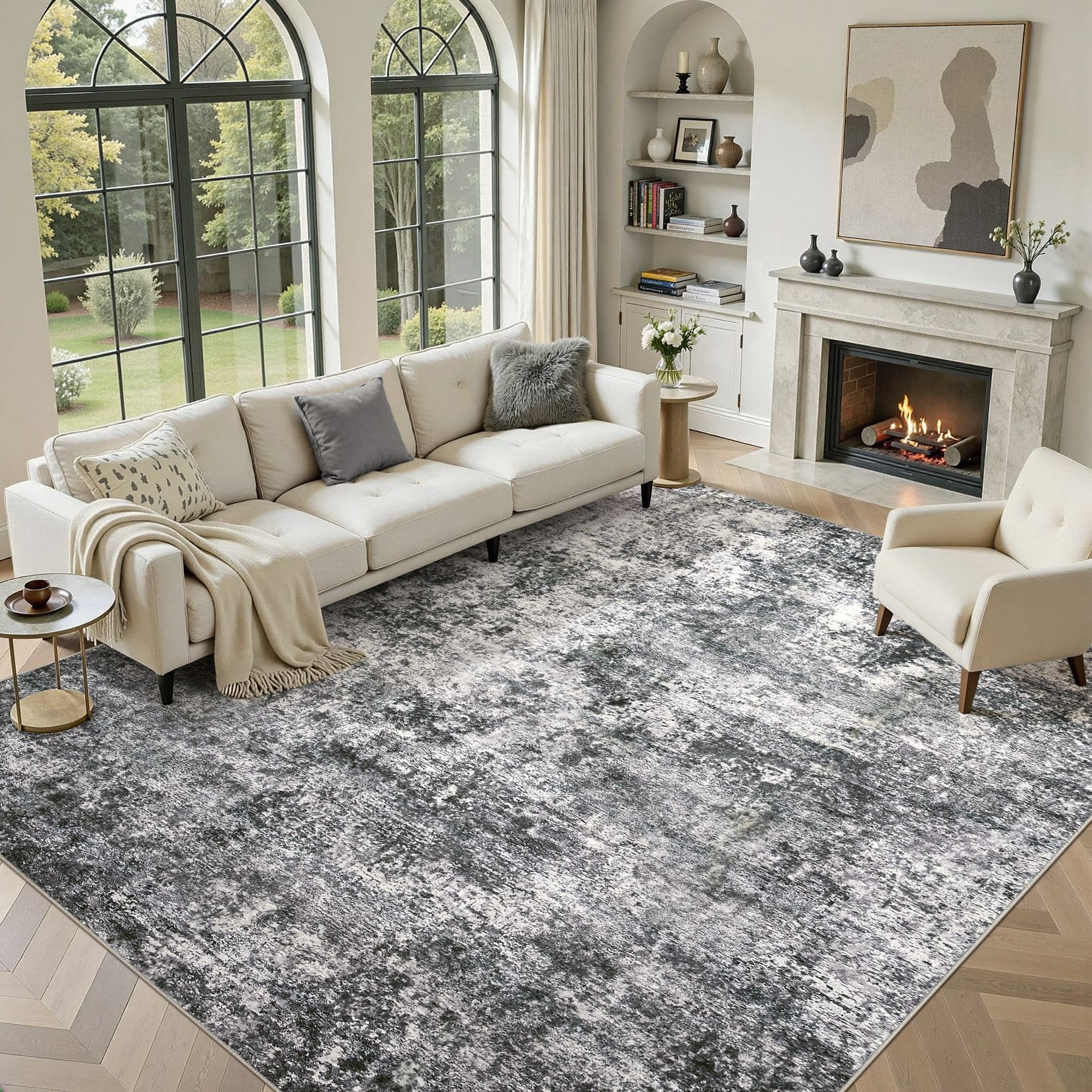 DMOYEST Washable Rugs Living Room 300x400cm - Large Abstract Neutral Modern Soft Non Slip Low Pile Kid Pet Friendly Carpet for Bedroom Dining Home Office - Grey