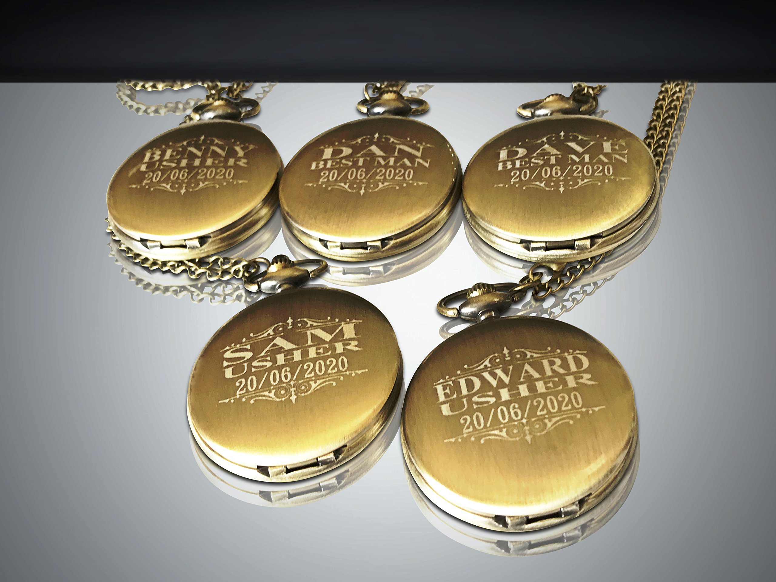 Personalized Pocket Watch Set, 5 Groomsmen Unique Gifts, Chain, Box and Engraving Included, Comes in 4 Colors (Gold Vintage)