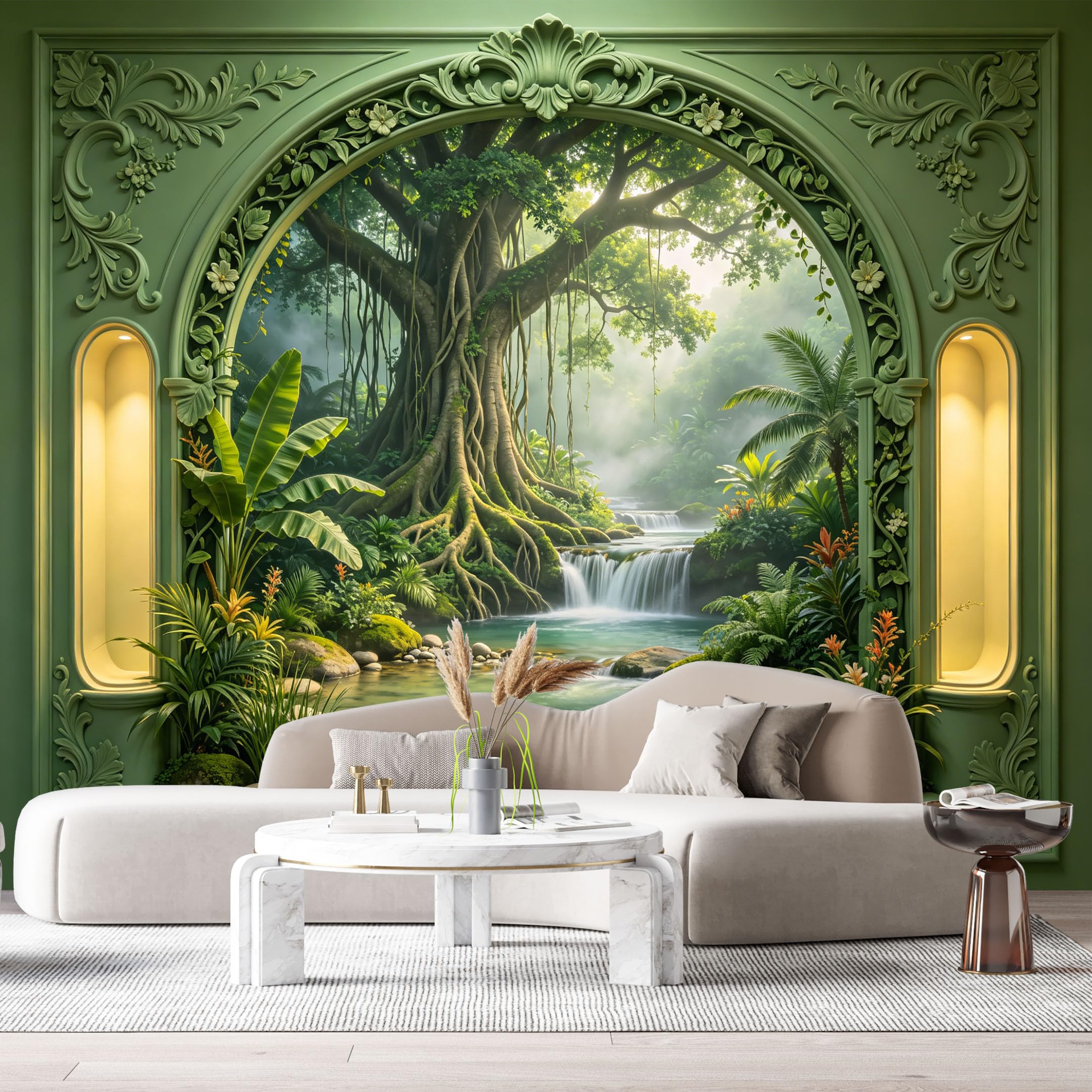 Custom Size Wall Murals Tropical Jungle Waterfall Landscape 3D Trompe L'Oeil SelfAdhesiveWall Fabric Removable Wallpaper Wall Decor for Living Room Bedroom Bathroom