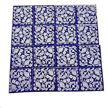 Shiv Kripa Blue Pottery Floral Kitchen & Washroom Decorative Ceramic Mosaic Handmade Kitchen Washroom Tile Tabletop Interior Exterior Flooring Wall Tiles 3 x 3 Inch Set of Tiles (Blue & White)