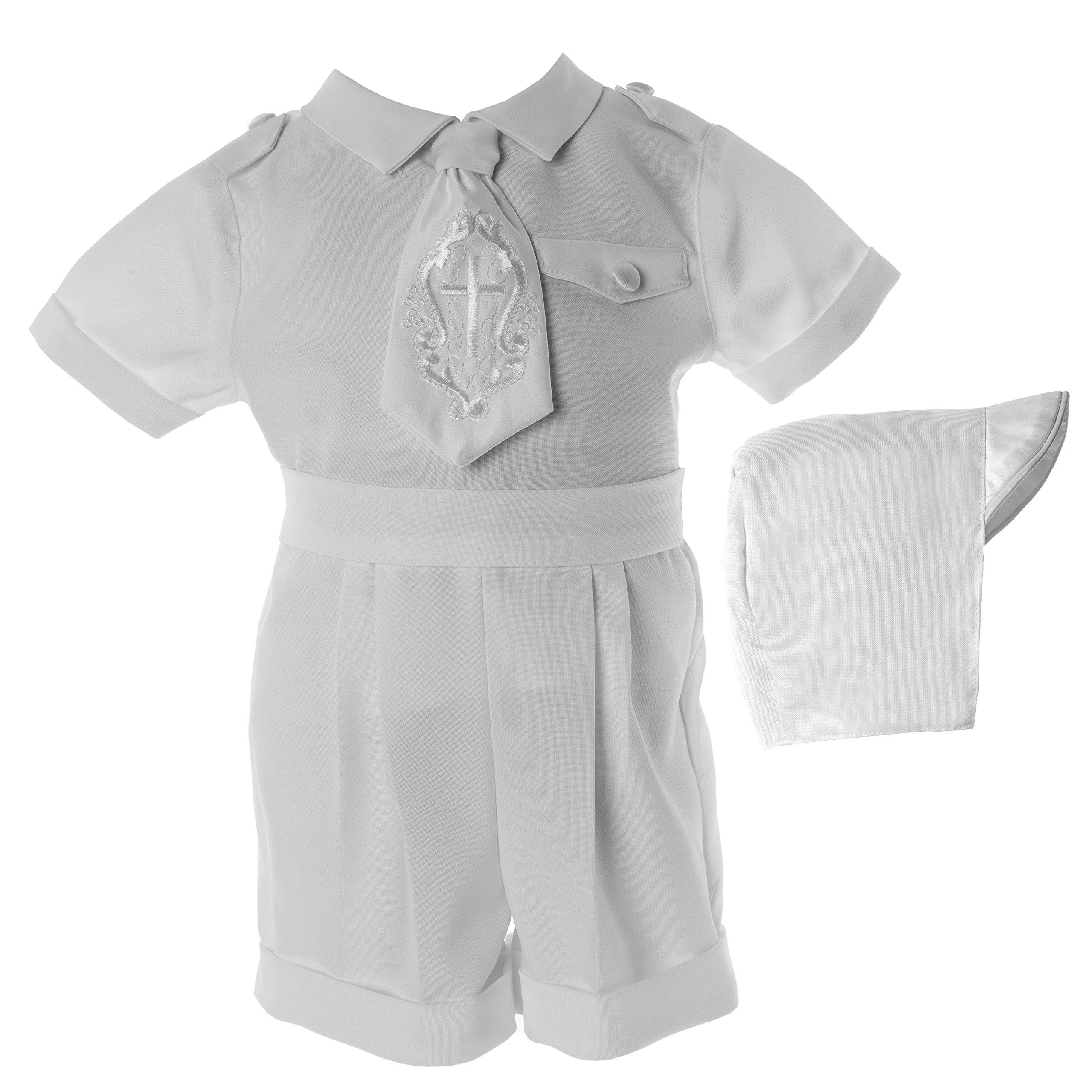 Lauren Madison Baby Boys' Christening Baptism Poly Gabardine 3 Piece Short Set, White, 9-12 Months