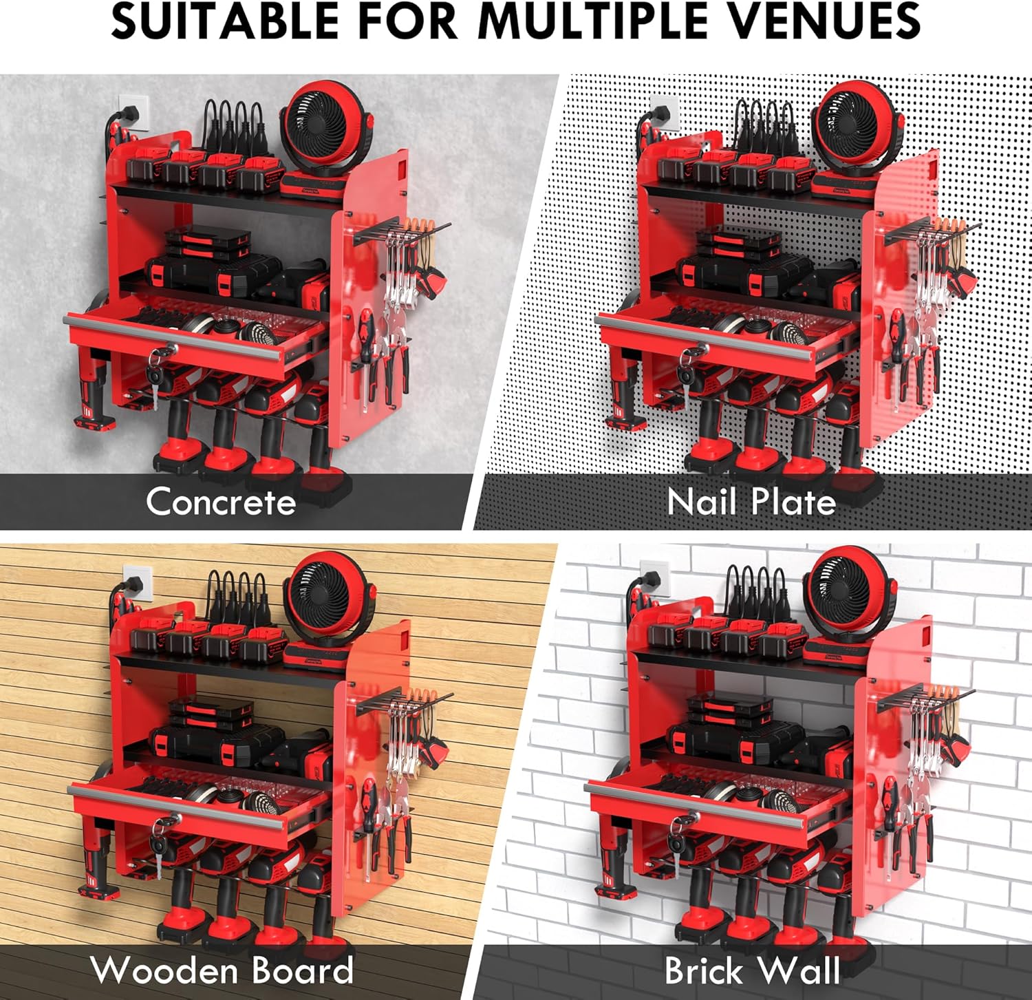KSVO Power Tool Organizer Wall Mount with Drill Rack & Locking Drawers - Heavy Duty Metal Tool Shelf for Garage, Workshop, Shed, Basement Tool Organization - Gift for Men/Father (Red)