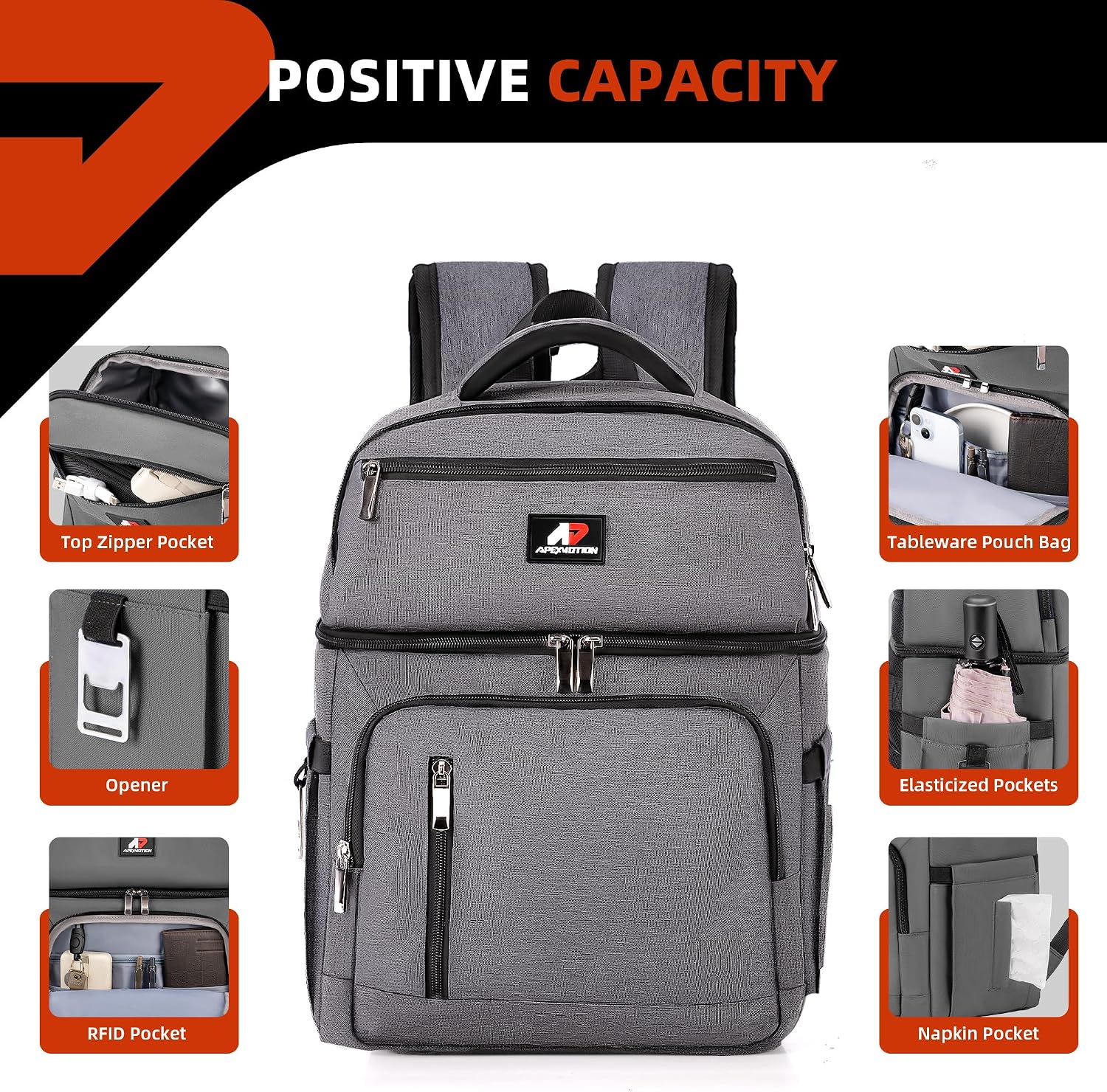 COOLJOB Insulated Cooler Backpack for Men Women, Leakproof Lunch Bag with Waterproof Liner, Double Roomy Deck, RFID, Gray