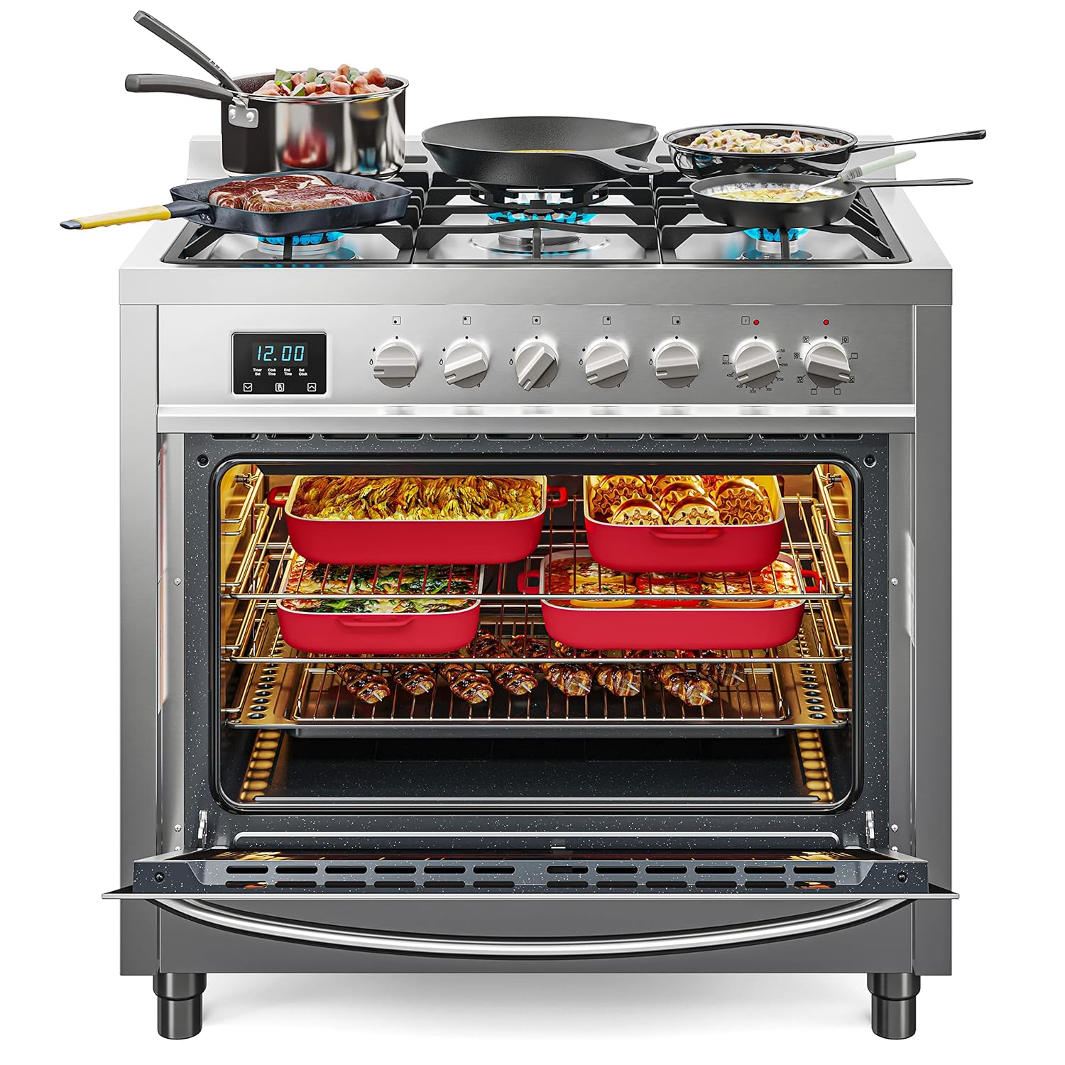 KoolMore 36 Inch Dual-Fuel Range Cooktop Stove with Freestanding Legs, Convection Cooking, and Large Capacity Stainless Steel Oven, Supports NG or LG, 4.3 cu. ft. (KM-FR36DF-SS)