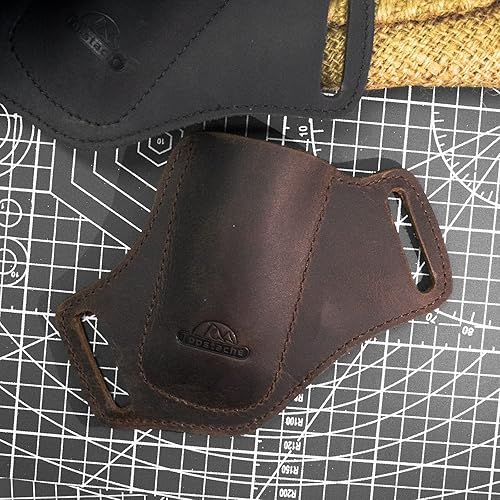 Vista 18 de Topstache Funda de cuero hecha a mano para cinturón, cinturón EDC, plegable, para hombre, dibujo cruzado, lado izquierdo, parte superior abierta