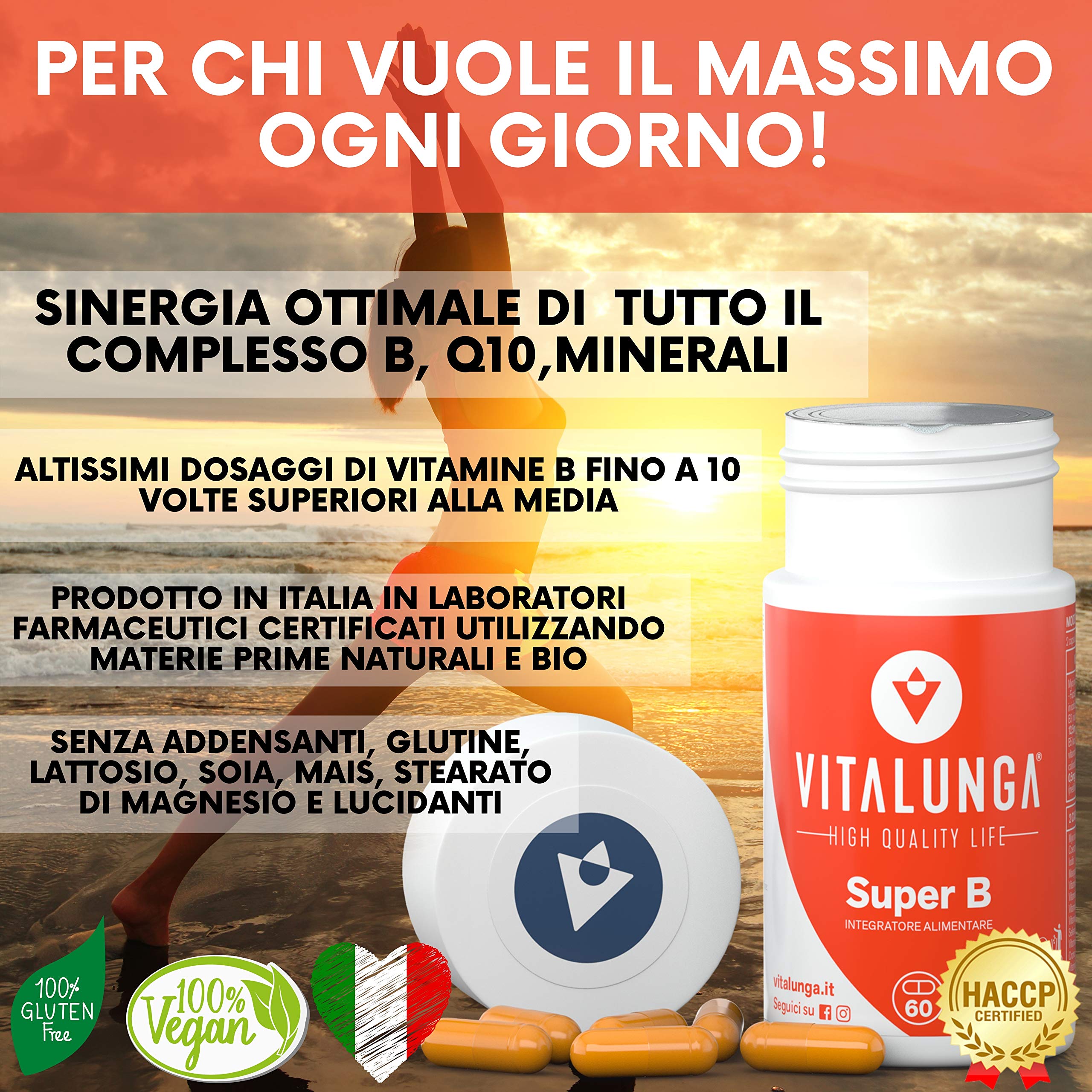 Vitamina B Complex + Coenzima Q10 - Altissimo Dosaggio di Vitamina B12, B1, B2, B3, B5, B6, B7, B8, B9, Q10 e Minerali 60 Capsule 100% Vegan Vitalunga