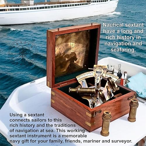Miniatura 3 de Sextante náutico de latón antiguo con caja de madera y 2 telescopios adicionales, Kelvin & Hughes London Sextant para marineros topógrafos,