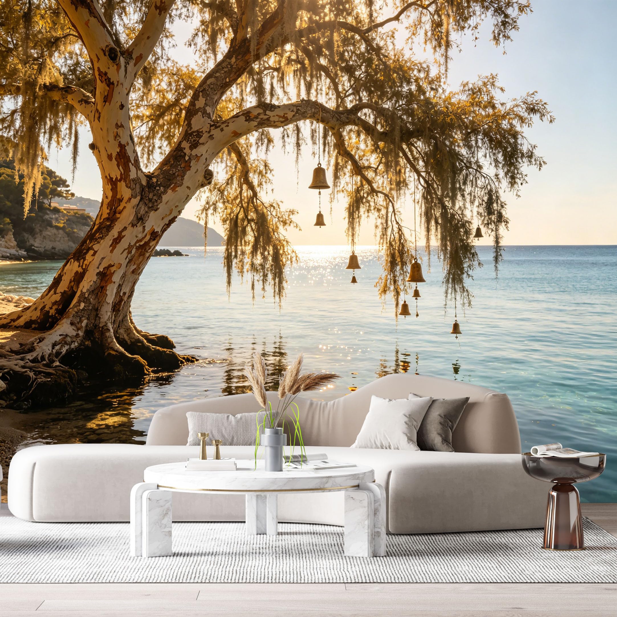 Custom Size Wall Murals Coastal Landscape Hanging Bells Tree Ocean Sunset SelfAdhesive Wall Fabric Removable Large Wallpaper for Photo Living Room