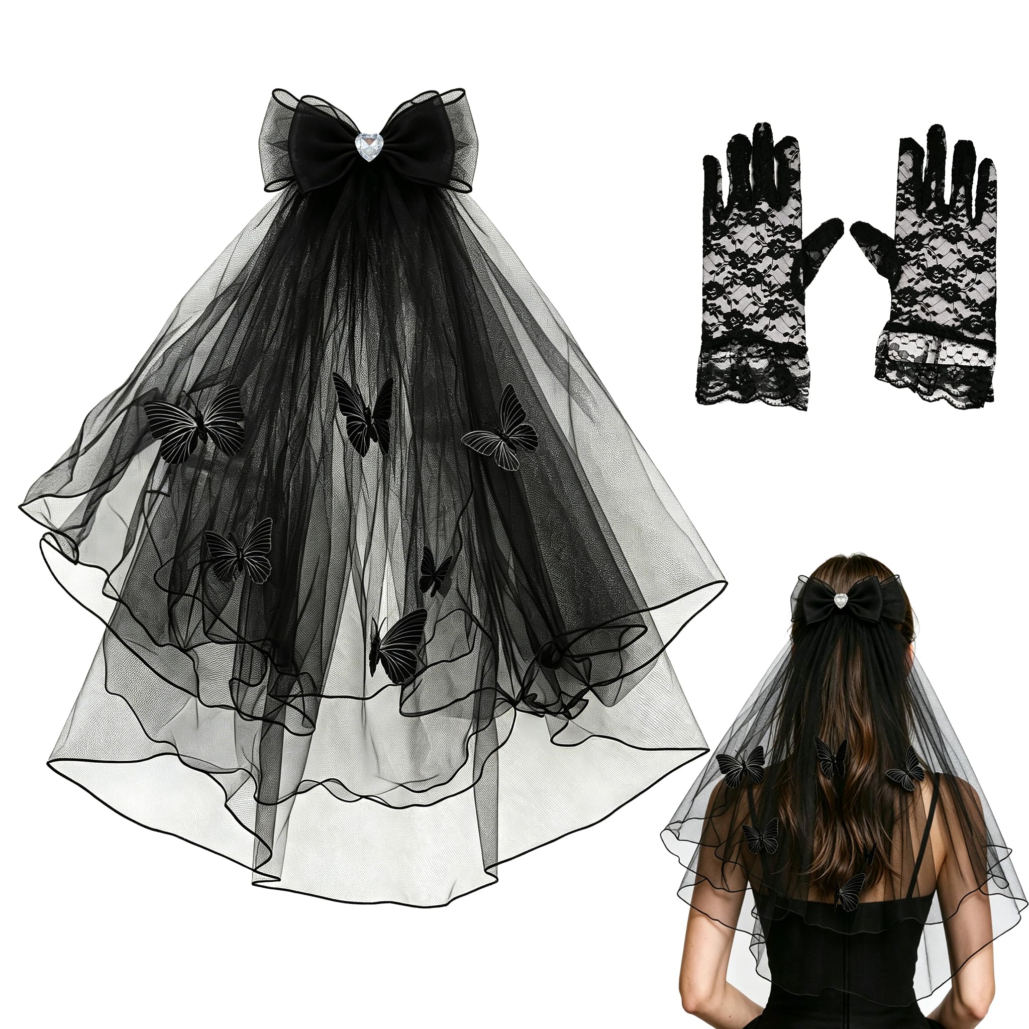 2PCS Halloween Hair Accessories for Women, Black Lace Veil & Gloves Set, Elegant Headband, Lightweight Gothic Headpiece, Vampire Halloween Hairband, Dead Bride Costume for Party Day of the Dead