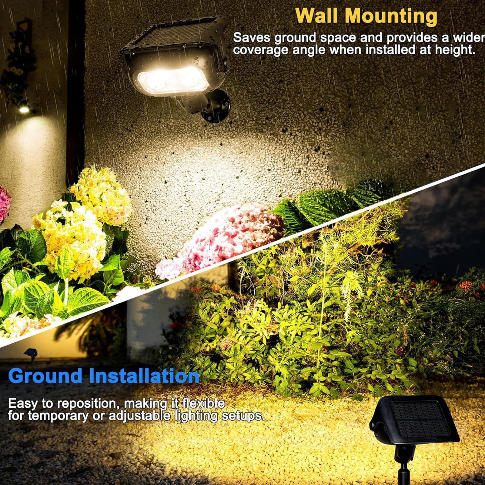 CREATESTAR 4 Pezzi Faretti Solari da Giardino con Sensore di Movimento, 4 Modalità ＆ 2 Installazione, Bianca Calda, IP65 Impermeabile Luci solari da Giardino per Cortile, Patio, Vialetto, Alberi