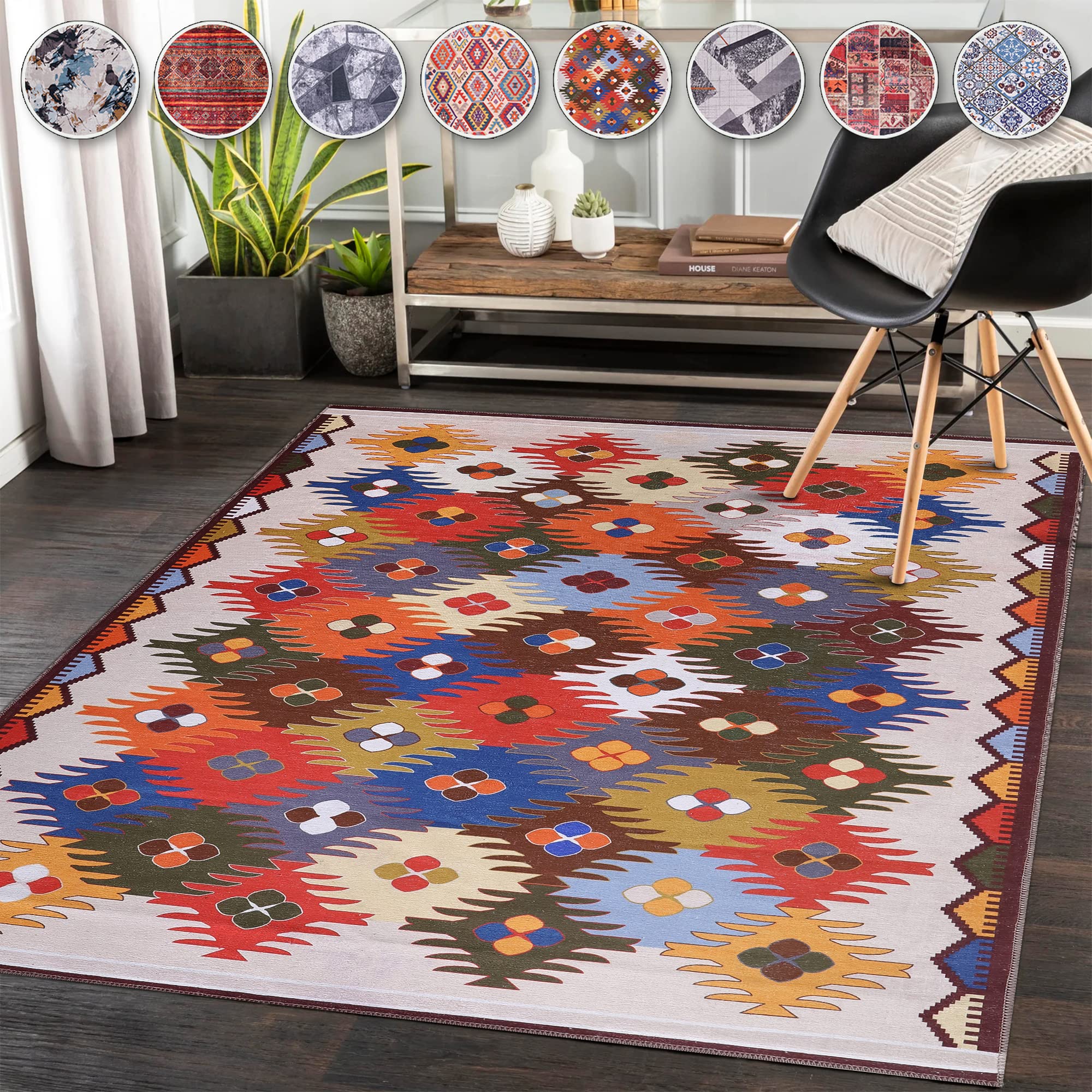 NETLINE HOME Tappeto lavabile per soggiorno, tappeto tradizionale a pelo basso, antiscivolo, tappeto da cucina, decorativo, design bohémien, tappeto vintage, pieghevole, per corridoio, camera da letto