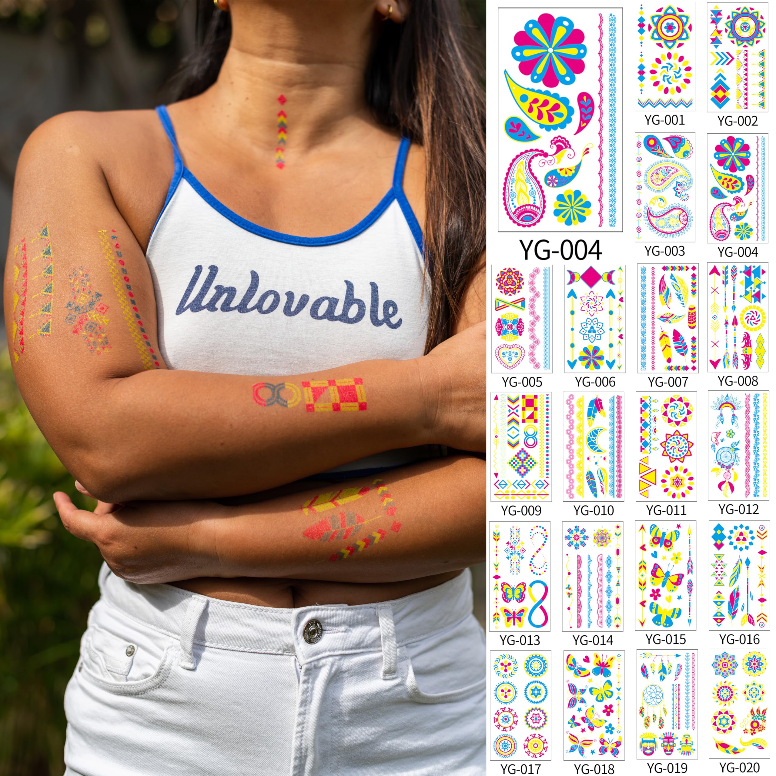 Liiisi 20 Hojas Tatuajes Temporales Fluorescentes, Pegatinas Luminosas Para Cuerpo y Cara, Brillan Bajo Luz Uv/Negra, Perfectos Para Vacaciones, Playa, Fiestas y Festivales, Resistente al Agua de Mar.