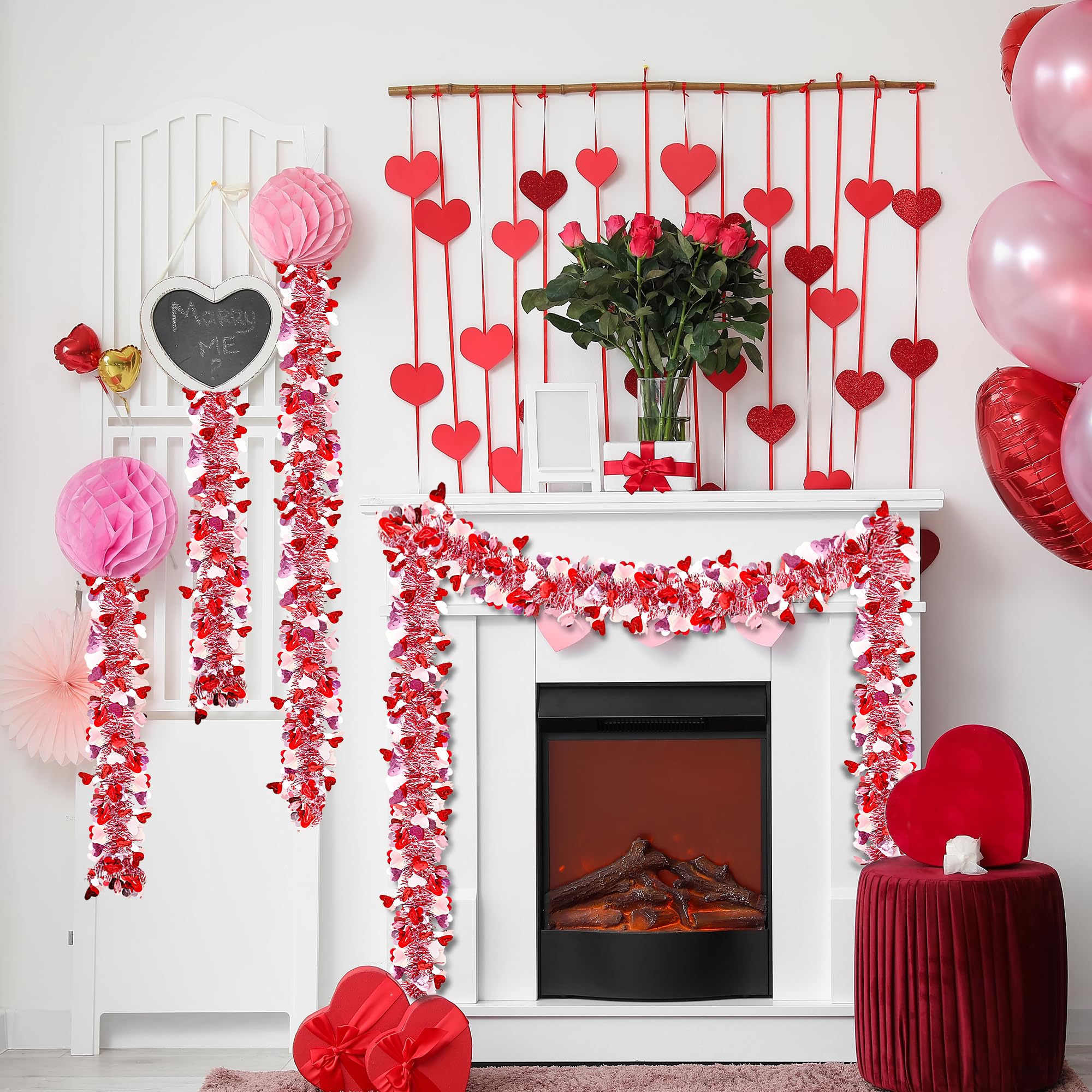 Sggvecsy Lametta-Girlande, Herz-Girlande, rosa, rot, weiß, metallisch, gedrehte Girlande, glänzende Deckendekoration, für Valentinstag, Party, Jahrestag, Geburtstag, Urlaub, Innenbedarf