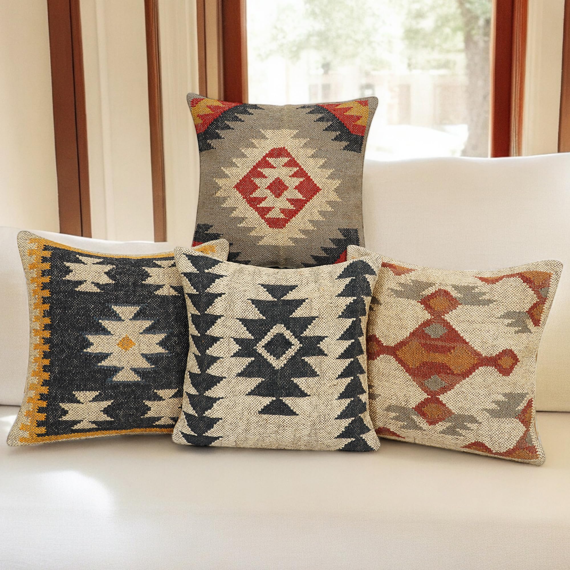 INDACORIFY Fodera per Cuscino Kilim Intrecciato a Mano 18x18 Quadrati Cuscini Indiani da Esterno Decorativo Cuscino Boho in Lana di Iuta per la Decorazione Domestica