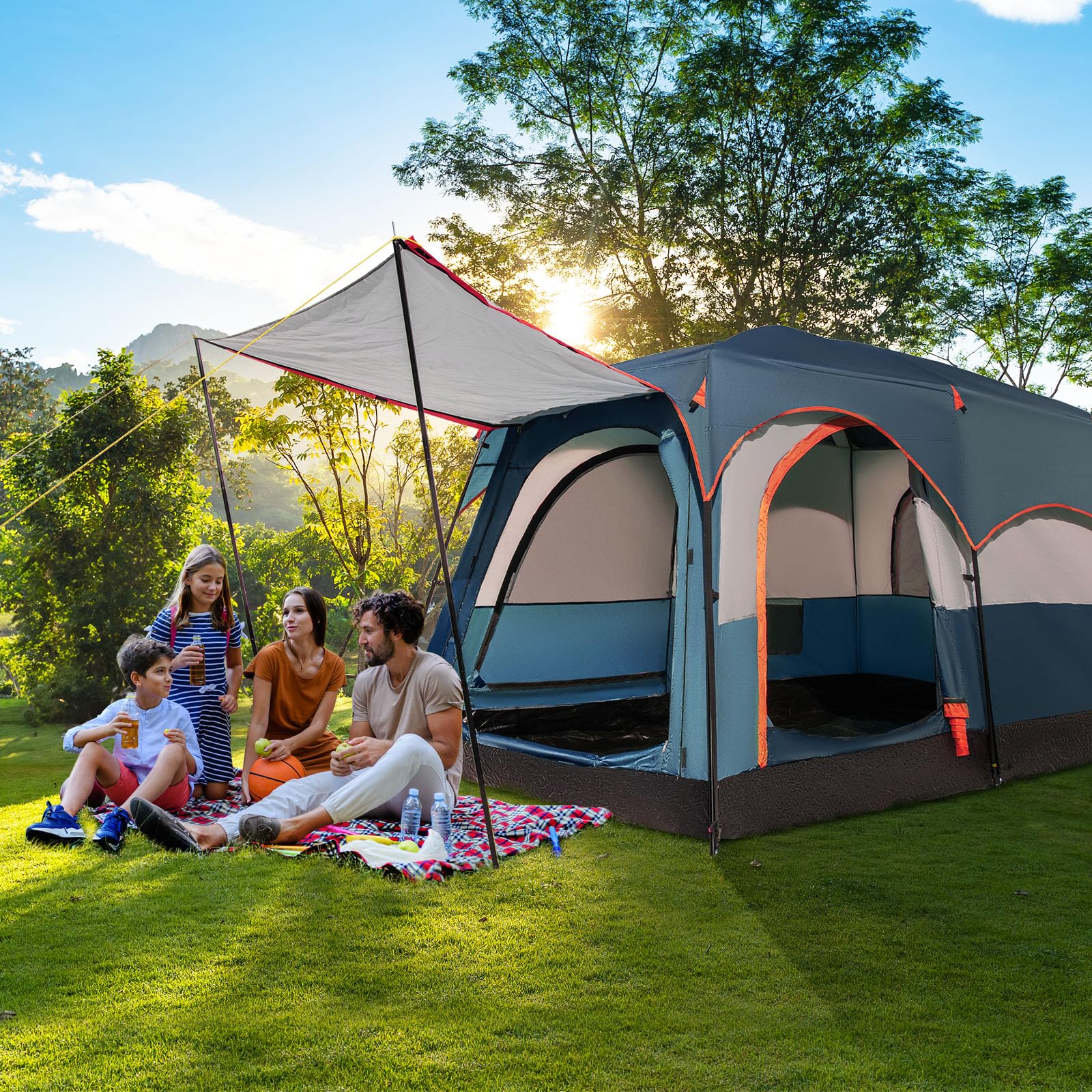 GOPLUS Tente de Camping pour 6 Personnes avec 2 Chambres Séparées, Double Couche & Double Toit, Bâche PE & Fenêtres en Filet, Tente Familiale Imperméable et Coupe-Vent avec Sac de Transport