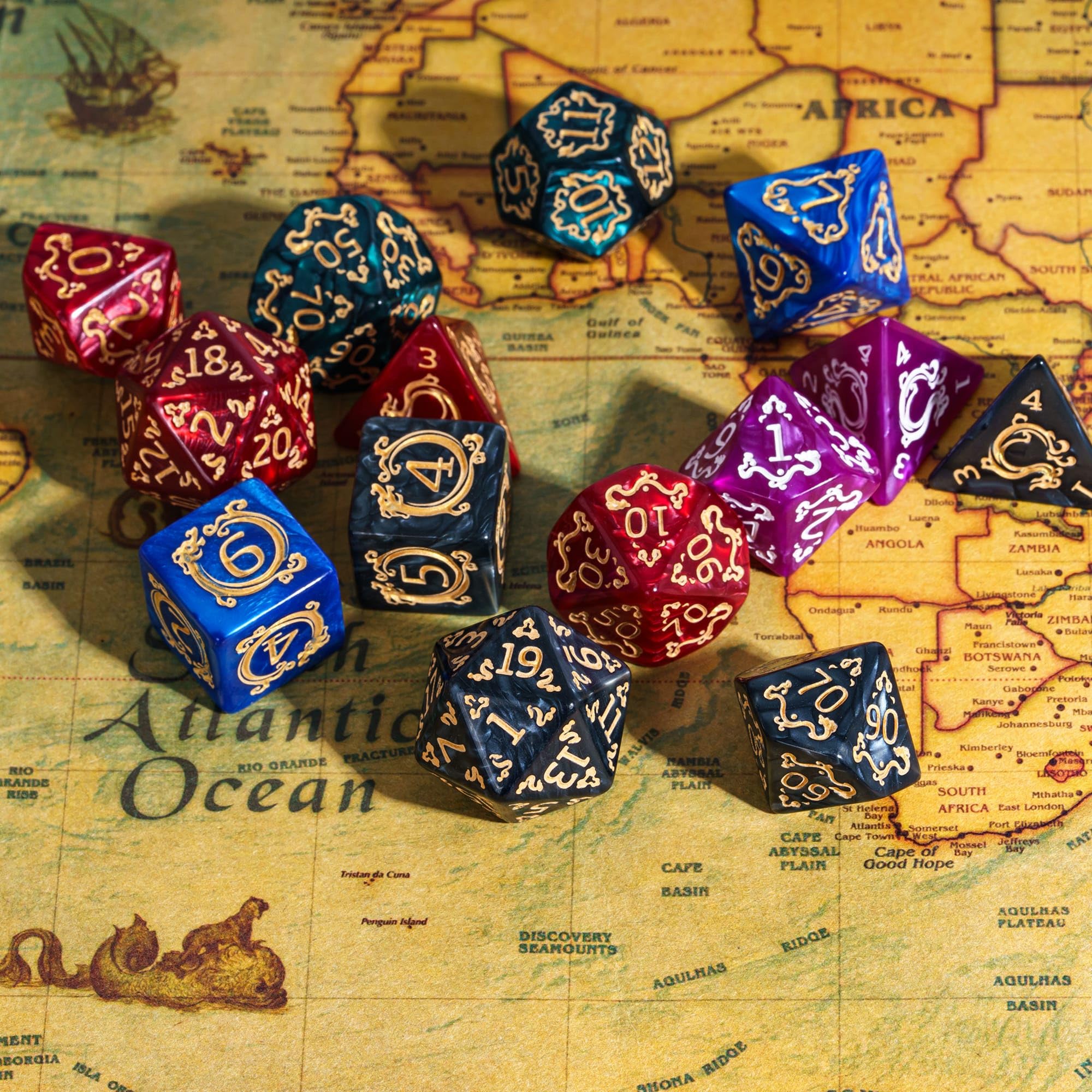 Set di 5 set di dadi poliedrici con motivo drago, 35 pezzi, con borsa in pelle, set di dadi per giochi di ruolo da tavolo