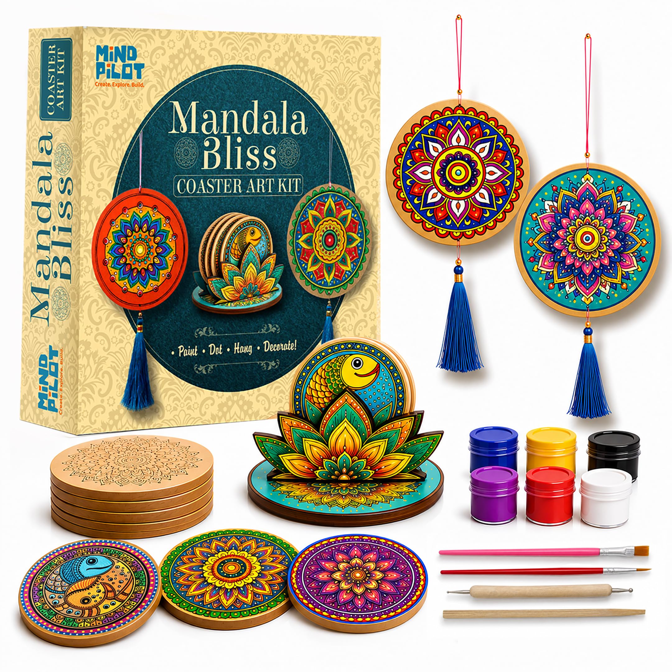 Mind Pilot Dot Mandala Coaster Painting Kit for Adults | 4 Pre-Marked 4" + 2 Pre-Marked 7" MDF Coasters & Hangings | Lotus Stand | 6 Acrylic Paints, Dotting Tools & Brushes | DIY Home Decor & Return Gift | Beginner Friendly